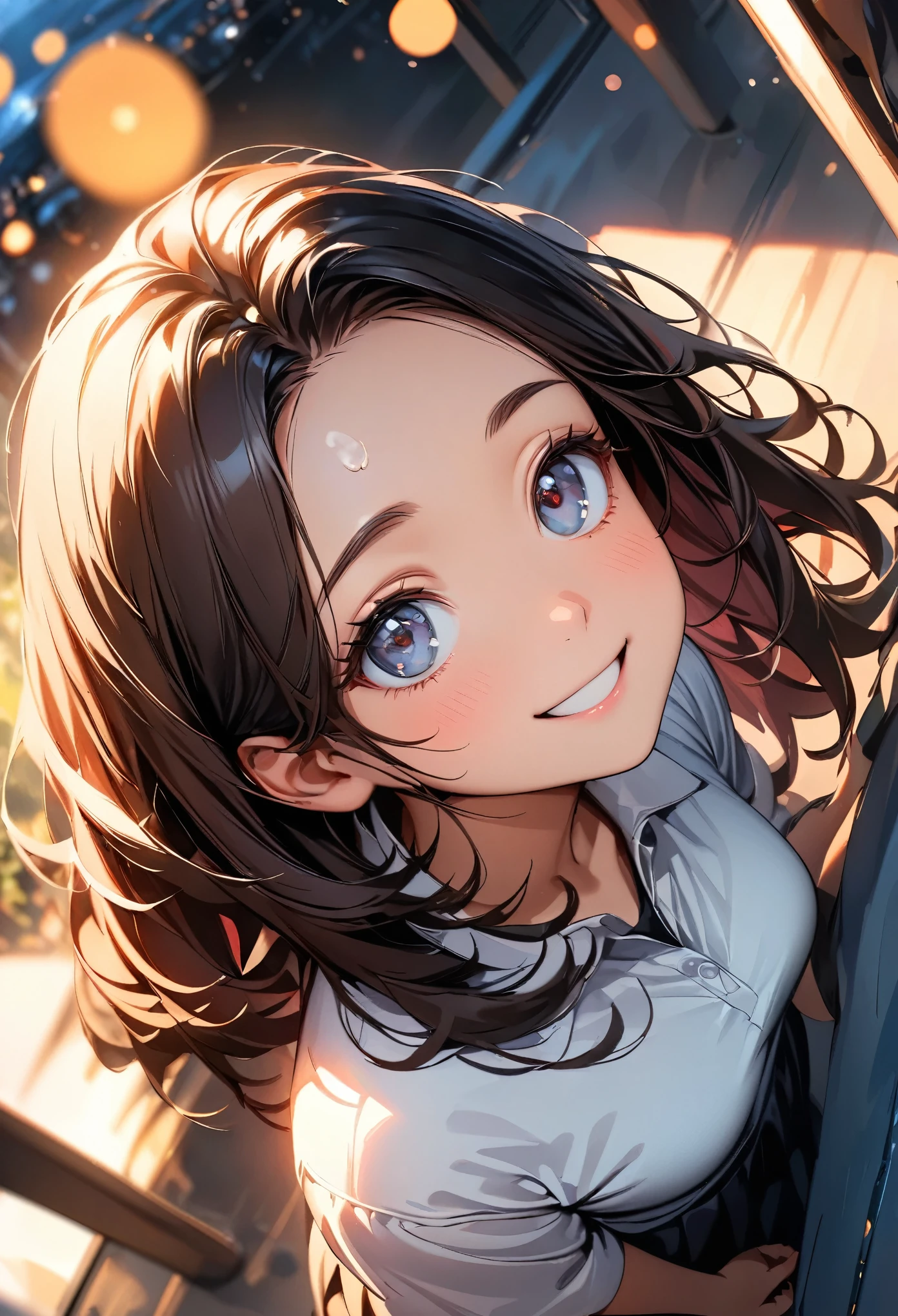 (highest quality:1.2, Very detailed, up to date, Vibrant, masterpiece:1.2, highest quality, Best aesthetics), (((1 girl))),Sweet smile, Moist eyes, Red cheeks, Leaking sigh, Portrait of a beautiful girl, Looking up, Composition from above, Gentle lighting, Shallow depth of field, Bokeh:1.2, Soft brush strokes, Oil painting style,