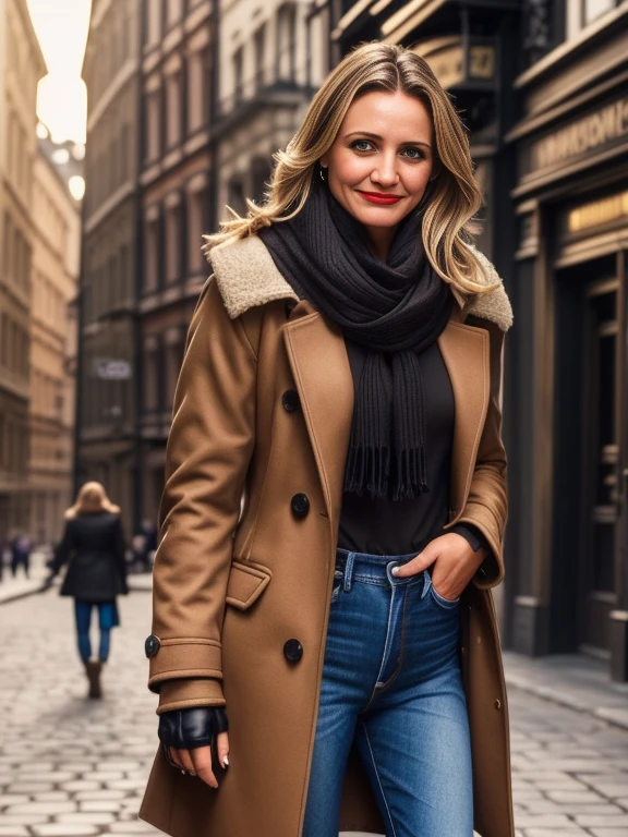Cameron Diaz、(masterpiece:1.0), (Highest_quality:1.2), (Dark Shot:1.3), Classic Rogue, 1991 Rogue X-Men, 1 girl, Only 1, Head to Toe, standing on street corner, Elegant pose, (clothing: Brown winter coat, Brown color hood, Down lining, White scarf, gloves, jeans) Medium length hair, Brown Hair, Wavy Hair, One gray hair, Green Eyes, Mischievous look, Grin, Lips parted,  Red lipstick, Heavy makeup, Confident expression, Backlight, (realism: 1.5), (Realistic: 1.4), (Disorganized:1.4), 8k, Very detailed, Detailed beautiful woman,  (background: Midnight, it&#39;s snowing, On the streets of New York, Snowy Night), Official Art, Very detailed CG Unity 8k wallpaper, Perfect lighting, colorful, 超High resolution, photograph, 8k, High resolution, Kodak Portrait 400, Film Grain, blurry background, (Bokeh:1.2), (Vibrant_color:1.2), Film Grain:1.2, (Warm colors, Warm Tones:1.2), (color photo), Professional Photograph