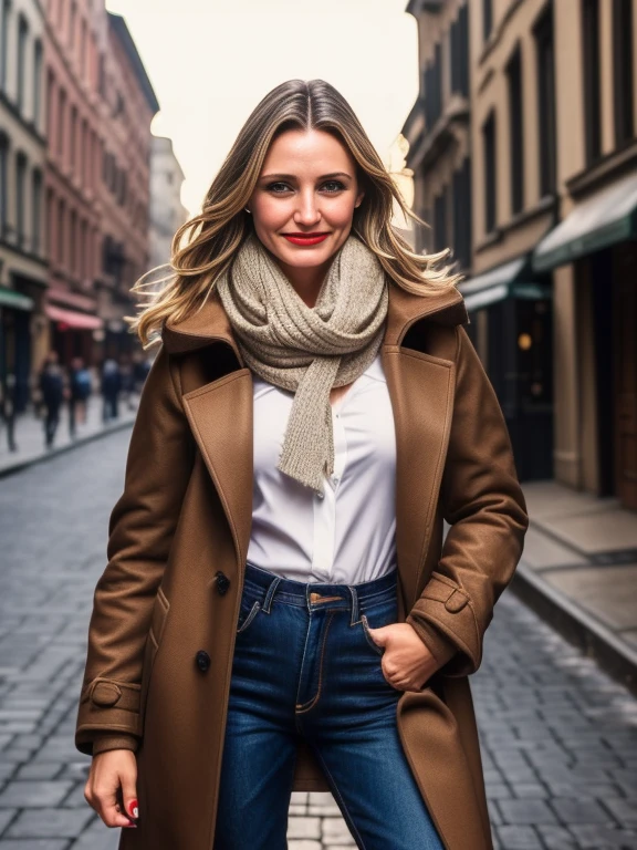 Cameron Diaz、(masterpiece:1.0), (Highest_quality:1.2), (Dark Shot:1.3), Classic Rogue, 1991 Rogue X-Men, 1 girl, Only 1, Head to Toe, standing on street corner, Elegant pose, (clothing: Brown winter coat, Brown color hood, Down lining, White scarf, gloves, jeans) Medium length hair, Brown Hair, Wavy Hair, One gray hair, Green Eyes, Mischievous look, Grin, Lips parted, Red lipstick, Heavy makeup, Confident expression, Backlight, (realism: 1.5), (Realistic: 1.4), (Disorganized:1.4), 8k, Very detailed, Detailed beautiful woman, (background: Midnight, it's snowing, On the streets of New York, Snowy Night), Official Art, Very detailed CG Unity 8k wallpaper, Perfect lighting, colorful, 超High resolution, photograph, 8k, High resolution, Kodak Portrait 400, Film Grain, blurry background, (Bokeh:1.2), (Vibrant_color:1.2), Film Grain:1.2, (Warm colors, Warm Tones:1.2), (color photo), Professional Photograph