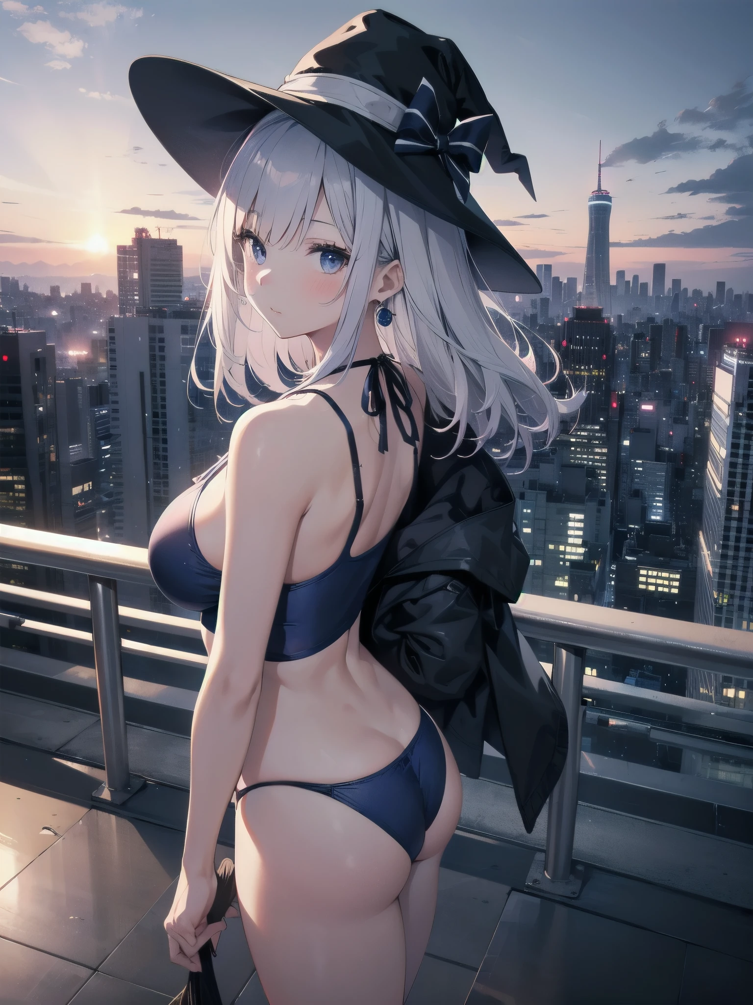 A girl stands on the rooftop of a high-rise building with a panoramic view of late-night Tokyo below.、She has a short bob with a white lob of hair and wears a large black witch hat with sapphire jewelry.、A high school student wearing a navy blue bikini-type swimsuit with a white ribbon、She wears a large witch&#39;s hat with a small sapphire accessory、A few star creams、Beautiful starry sky、Beautiful night view、large witch's hat 、Navy blue bikini pants that dig into your stomach、Small breasts、Small breasts、Navy blue swimsuit top with white frills、I see my stomach、The area around the stomach is bare skin.、Belly button、Halterneck bikini、She is wearing hot pants