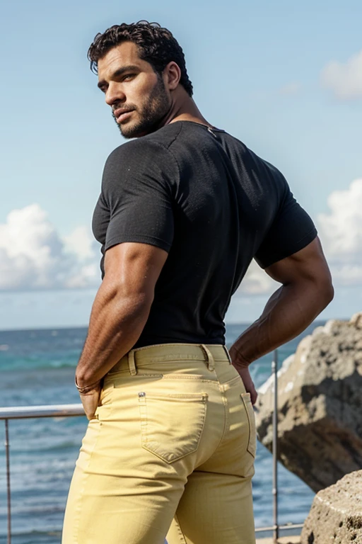 Un hombre negro con la cara se parece a Henry Cavill. Black man, Su cuerpo es musculoso y pectoral definido. paquete de seis. ingle. Cochas, pelo contra el viento. barba dentada. Big butt, in a moment of reflection. Full body. Fajado, yellow Jeans backside. Backside