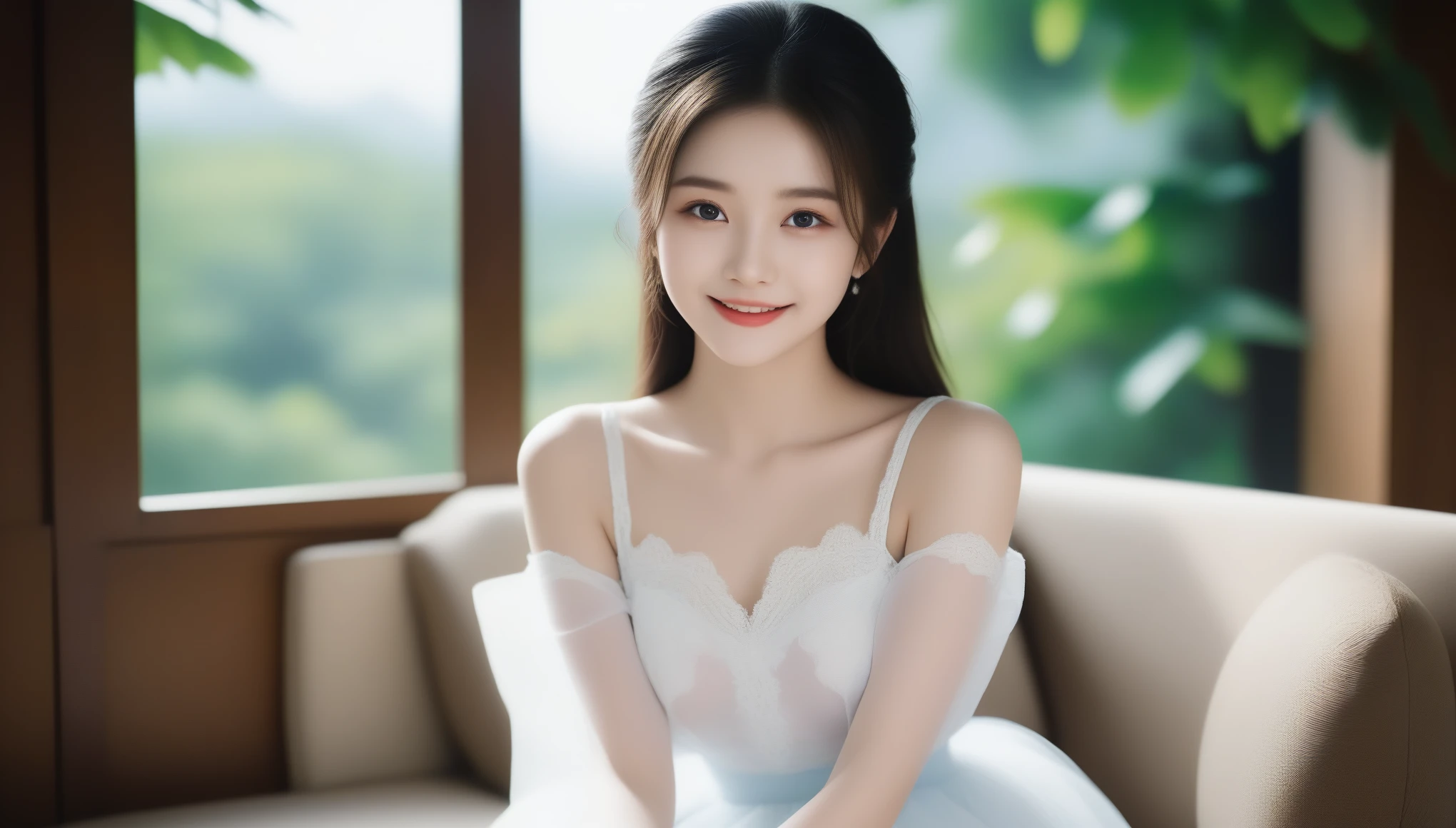 8K, Ultra-high resolution, highest quality, masterpiece, Surreal, photograph, 1 girl, (16 years old:1.3), pretty girl, Cute face, Beautiful eyes in every detail,masterpiece 、(masterpiece, highest quality: 1.2), Traditional Chinese Ink Painting, Cute 18 year old female with medium breasts, Sexy white lace , Oversized dress :1.5, sofa, Highly detailed face, Fine grain, double eyelid, SFW , Long dress,Look at the audience、beauty,Long neck、Smile a little、Please close your mouth and laugh、(((Ideal body proportions))),A cup small breasts :2,、Portraiture:2、Perfect Anatomy、Vivid details、detailed、Surreal、Light and shadow,Strong light,Fashion magazine cover,Thin lips
