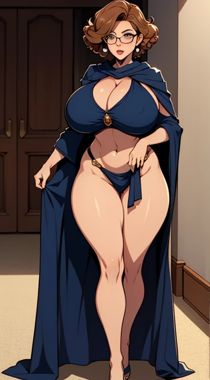 Solo, female, tan skin, curly hair, (((short hair))), light mahogany hair, lipstick, eyeliner, eyelashes, thick eyelashes, big breasts, linen tunic, (navy cloak), glasses, fantasy village, mature female, full body (NSFW breasts), hdri, extremely naked, nude, nua, pelada, nsfw, gigantic breast 1.9
