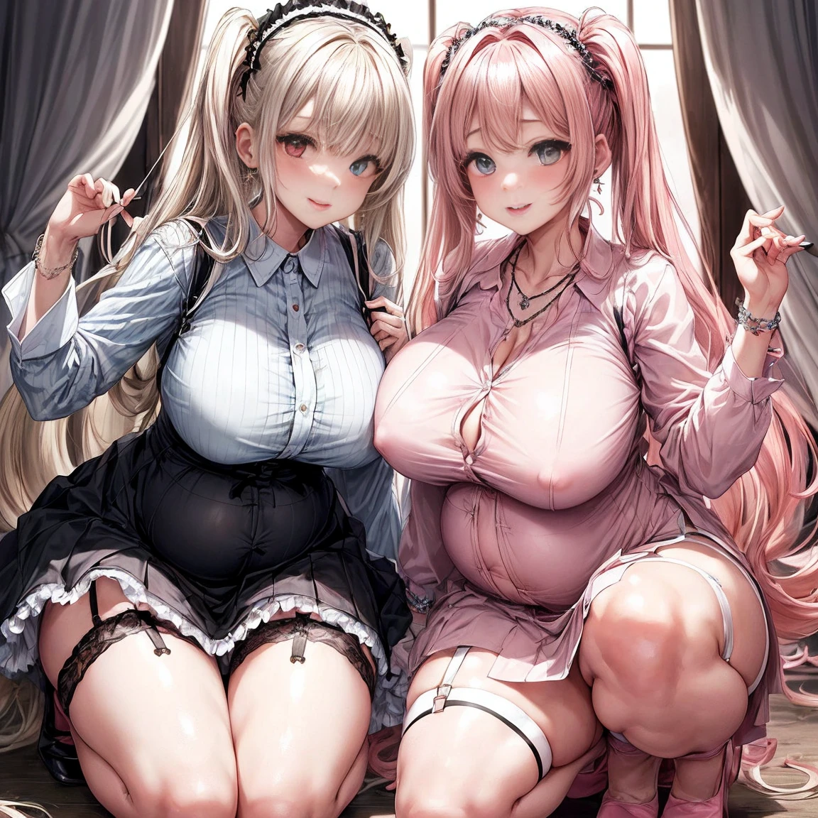 beautiful girl、Young、ta Face、((A very large pale pink dress shirt、Men's clothing))、((A shirt that covers your buttocks、Baggy shirt))、((Turn off all the buttons、Long sleeve、Hide your chest))、naked、Beauty、Camel Toe、Giant tit、Nipple Puffs、Cleavage、Plump、Super big breasts、Super big butt、Blonde、(Long twin-tailed hair)、Earrings、Earrings、necklace、Thick lips、Heterochromia、Bracelet、Caster wheel、first round、Hair Charm、Lip gloss、The cutest in the world、garter belt、Garter Ring、Smile、Full body photo、Group photo、multiple、tight、Pregnant women、squat、Skirt flip、Leg spread