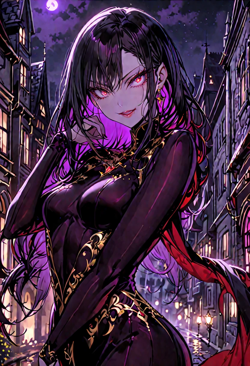 solo, female, deep crimson eyes, eyes with flecks of gold, long flowing black hair with purple reflection, vampire, slender, curvy, elegant, refined grace, medium shot, pose, hungry smile, night, town
