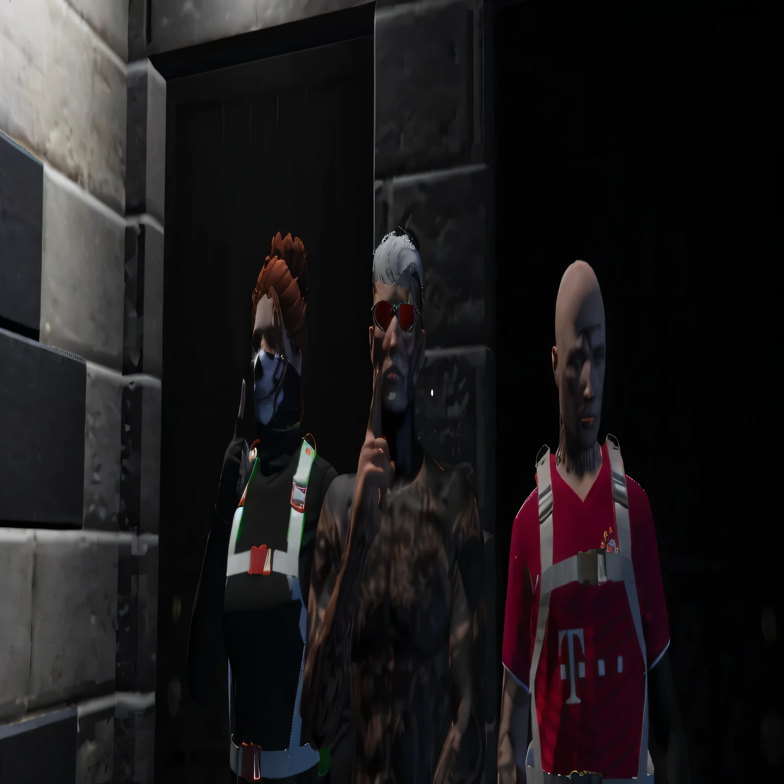 three people in costume in front of a door, no cyberpunk 2077, muitos npcs nas ruas, foto reduzida, corpses in the background, vestido com roupas crustpunk, antes do abate final, capanga de rua cyberpunk, roupas ciberpunk, close de corpo inteiro, posando para uma luta intricada, Cinematic bust shot