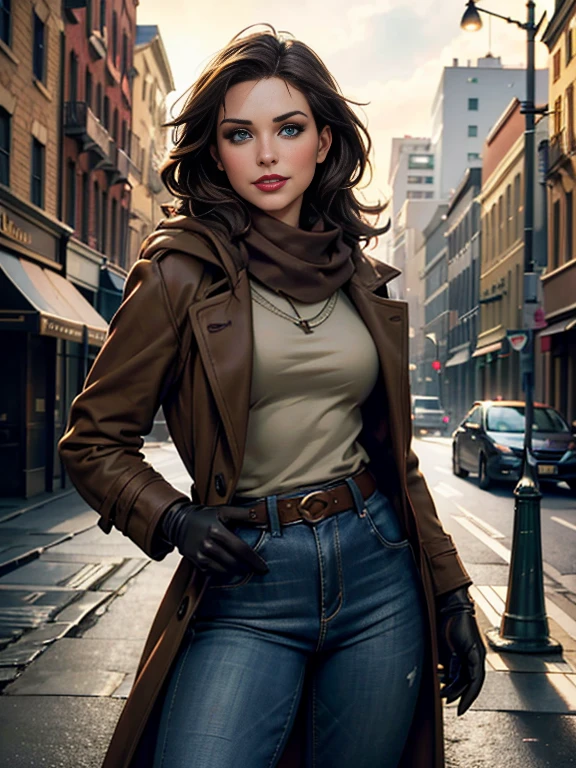 Kristen Bell、(masterpiece:1.0), (Highest_quality:1.2), (Dark Shot:1.3), Classic Rogue, 1991 Rogue X-Men, 1 girl, Only 1, Head to Toe, standing on street corner, Elegant pose, (clothing: Brown winter coat, Brown color hood, Down lining, White scarf, gloves, jeans) Medium length hair, Brown Hair, Wavy Hair, One gray hair, Green Eyes, Mischievous look, Grin, Lips parted,  Red lipstick, Heavy makeup, Confident expression, Backlight, (realism: 1.5), (Realistic: 1.4), (Disorganized:1.4), 8k, Very detailed, Detailed beautiful woman,  (background: Midnight, it&#39;s snowing, On the streets of New York, Snowy Night), Official Art, Very detailed CG Unity 8k wallpaper, Perfect lighting, colorful, 超High resolution, photograph, 8k, High resolution, Kodak Portrait 400, Film Grain, blurry background, (Bokeh:1.2), (Vibrant_color:1.2), Film Grain:1.2, (Warm colors, Warm Tones:1.2), (color photo), Professional Photograph