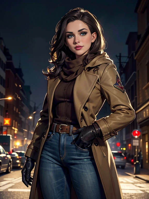 Kristen Bell、(masterpiece:1.0), (Highest_quality:1.2), (Dark Shot:1.3), Classic Rogue, 1991 Rogue X-Men, 1 girl, Only 1, Head to Toe, standing on street corner, Elegant pose, (clothing: Brown winter coat, Brown color hood, Down lining, White scarf, gloves, jeans) Medium length hair, Brown Hair, Wavy Hair, One gray hair, Green Eyes, Mischievous look, Grin, Lips parted, Red lipstick, Heavy makeup, Confident expression, Backlight, (realism: 1.5), (Realistic: 1.4), (Disorganized:1.4), 8k, Very detailed, Detailed beautiful woman, (background: Midnight, it's snowing, On the streets of New York, Snowy Night), Official Art, Very detailed CG Unity 8k wallpaper, Perfect lighting, colorful, 超High resolution, photograph, 8k, High resolution, Kodak Portrait 400, Film Grain, blurry background, (Bokeh:1.2), (Vibrant_color:1.2), Film Grain:1.2, (Warm colors, Warm Tones:1.2), (color photo), Professional Photograph
