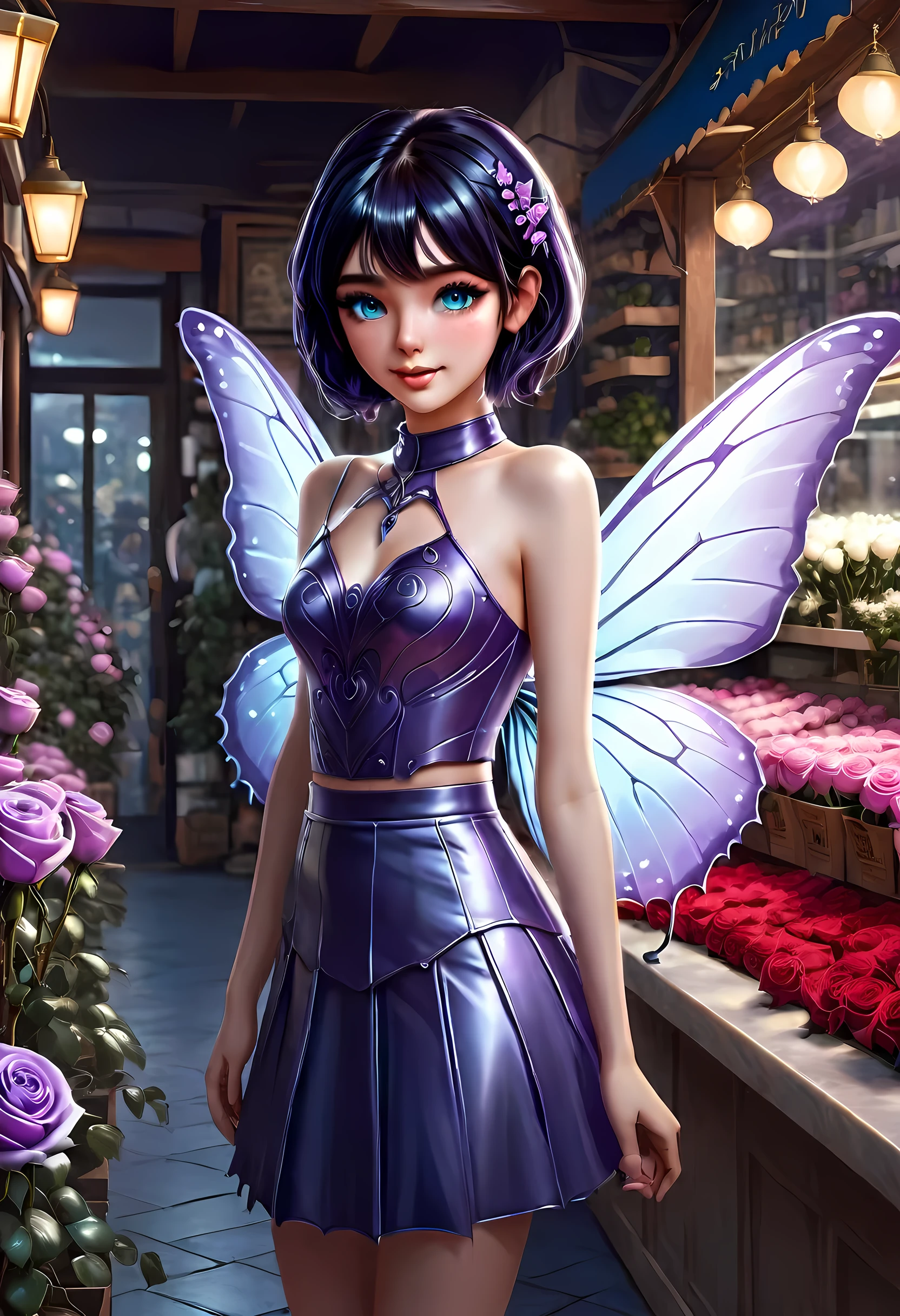 high details, best quality, 16k, RAW, [best detailed], masterpiece, best quality, (extremely detailed), GlowingRunes_paleblue, full body, ultra wide shot, photorealistic, fantasy art, RPG art, D&D art, a picture of a fairy selling flowers in a florist shop, extremely beautiful fairy, ultra feminine (intense details, Masterpiece, best quality), (purple: 1.3) butterfly wings (intense details, Masterpiece, best quality), purple and white wings (intense details, Masterpiece, best quality),  black hair, pixie cut hair, shinning hair, flowing hair, shy smile, innocent smile, blue eyes, wearing black skirt, dynamic elegant shirt, chocker, wearing high heels, in flower shop (intense details, Masterpiece, best quality), extreme many (red roses: 1.3) (intense details, Masterpiece, best quality), (red: 1.3) roses shop in a modern era street, High Detail, Ultra High Quality, High Resolution, 16K Resolution, Ultra HD Pictures, Ultra Realistic, Clear Details, Realistic Detail, Ultra High Definition, Big Fairy Wings, wearing edgLL leather lingerie, ArmoredDress