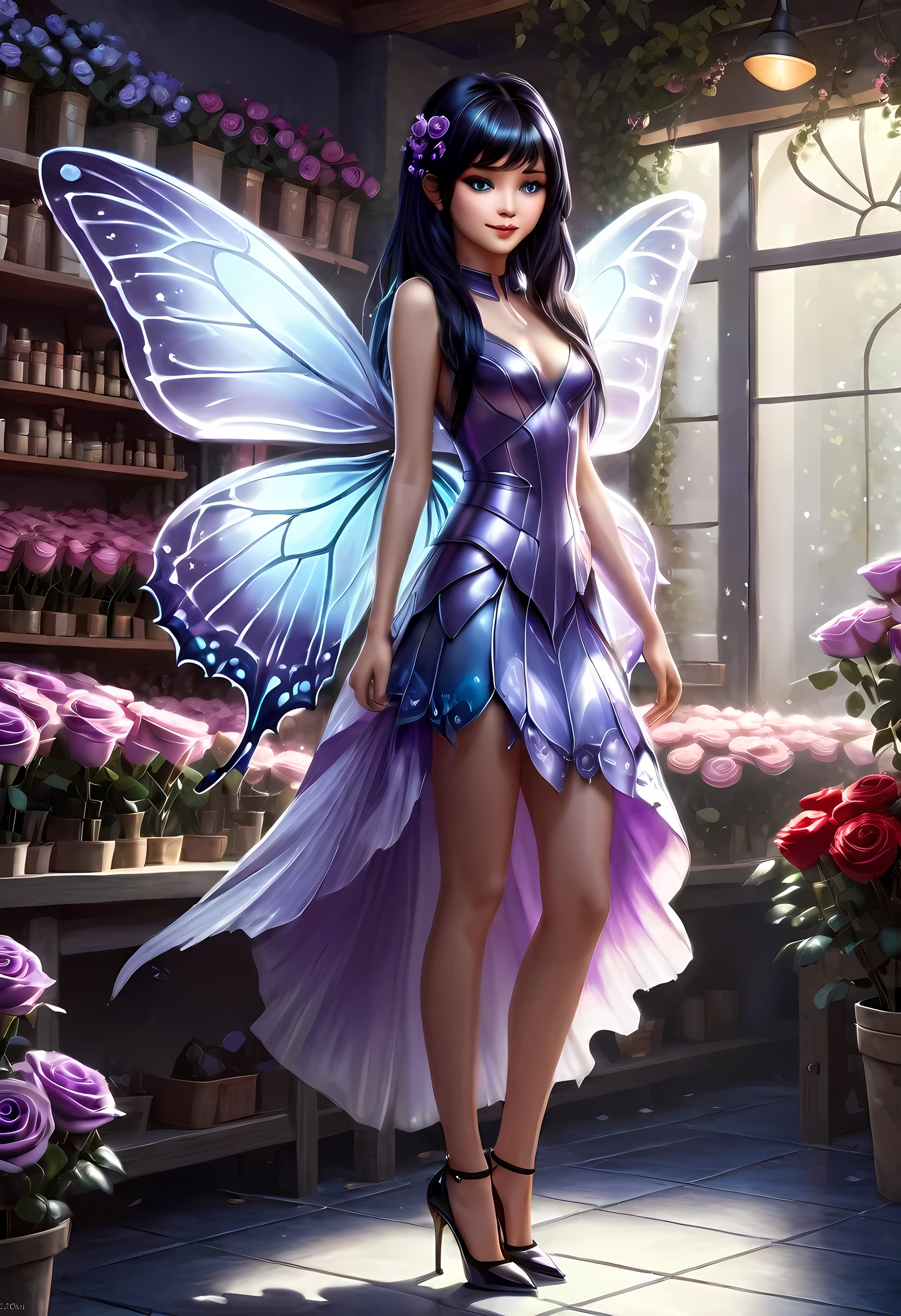 high details, best quality, 16k, RAW, [best detailed], masterpiece, best quality, (extremely detailed), GlowingRunes_paleblue, full body, ultra wide shot, photorealistic, fantasy art, RPG art, D&D art, a picture of a fairy selling flowers in a florist shop, extremely beautiful fairy, ultra feminine (intense details, Masterpiece, best quality), (purple: 1.3) butterfly wings (intense details, Masterpiece, best quality), purple and white wings (intense details, Masterpiece, best quality),  black hair, pixie cut hair, shinning hair, flowing hair, shy smile, innocent smile, blue eyes, wearing black skirt, dynamic elegant shirt, chocker, wearing high heels, in flower shop (intense details, Masterpiece, best quality), extreme many (red roses: 1.3) (intense details, Masterpiece, best quality), (red: 1.3) roses shop in a modern era street, High Detail, Ultra High Quality, High Resolution, 16K Resolution, Ultra HD Pictures, Ultra Realistic, Clear Details, Realistic Detail, Ultra High Definition, Big Fairy Wings, wearing edgLL leather lingerie, ArmoredDress