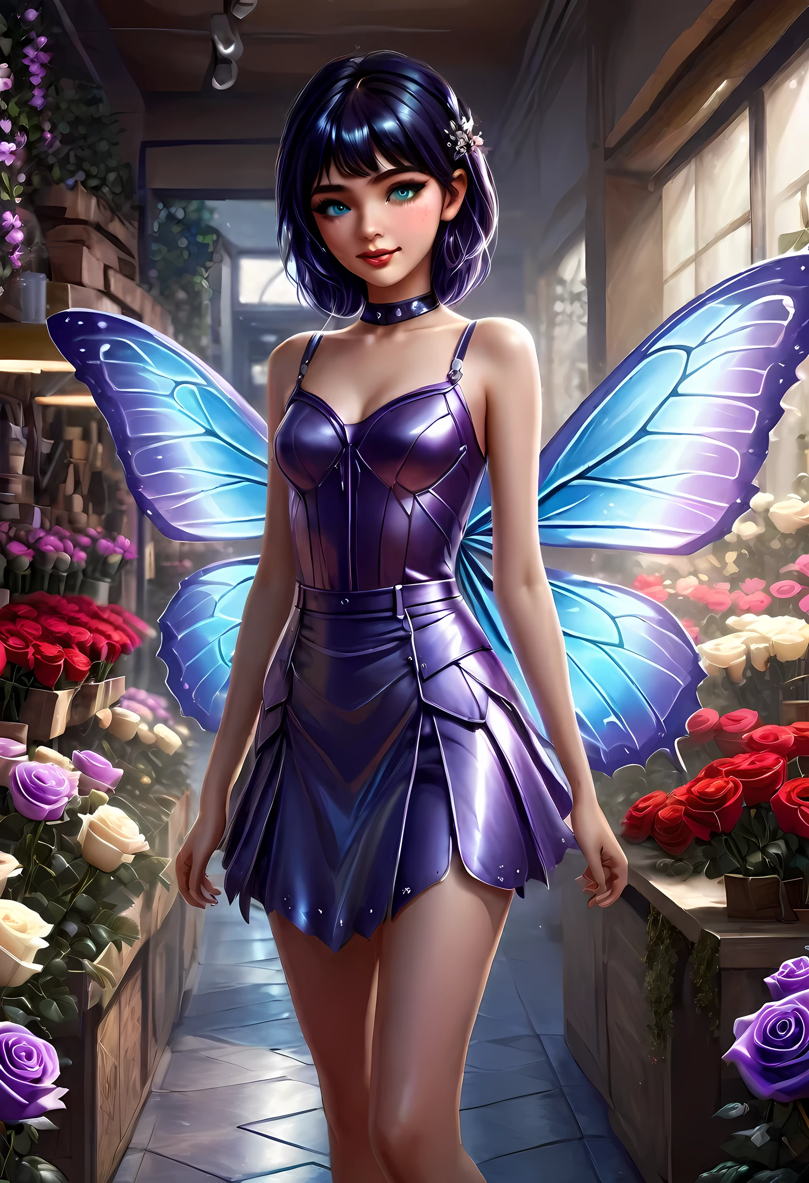 high details, best quality, 16k, RAW, [best detailed], masterpiece, best quality, (extremely detailed), GlowingRunes_paleblue, full body, ultra wide shot, photorealistic, fantasy art, RPG art, D&D art, a picture of a fairy selling flowers in a florist shop, extremely beautiful fairy, ultra feminine (intense details, Masterpiece, best quality), (purple: 1.3) butterfly wings (intense details, Masterpiece, best quality), purple and white wings (intense details, Masterpiece, best quality),  black hair, pixie cut hair, shinning hair, flowing hair, shy smile, innocent smile, blue eyes, wearing black skirt, dynamic elegant shirt, chocker, wearing high heels, in flower shop (intense details, Masterpiece, best quality), extreme many (red roses: 1.3) (intense details, Masterpiece, best quality), (red: 1.3) roses shop in a modern era street, High Detail, Ultra High Quality, High Resolution, 16K Resolution, Ultra HD Pictures, Ultra Realistic, Clear Details, Realistic Detail, Ultra High Definition, Big Fairy Wings, wearing edgLL leather lingerie, ArmoredDress