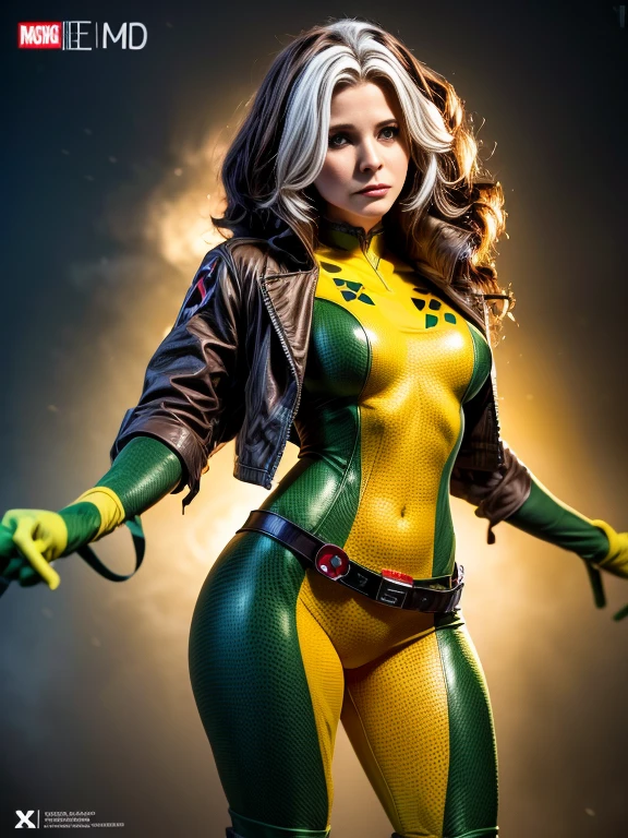 Kristen Bell、masterpiece, High-quality 4K, Villain (X-Men), Gothic Girl, Sculpted body gothic makeup, Brown jacket, Yellow and green bodysuit, masterpiece, highest quality, Cowboy Shot, One girl, alone, Technology Military Bodysuit, fringe.
