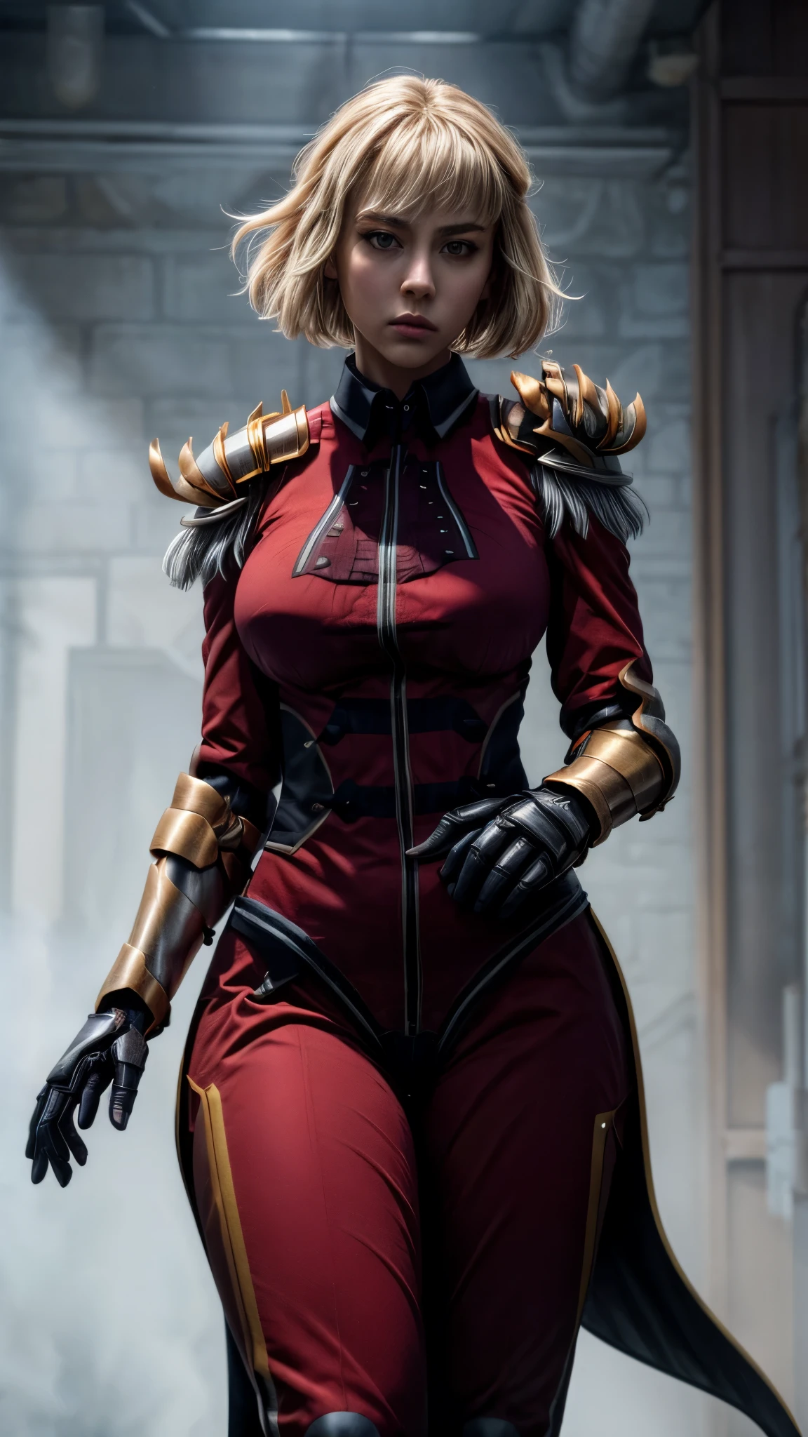 solo, 1girl, cha hae-in, expressionless, looking at viewer, armor, black collar, shoulder armor, long sleeves, gloves, gauntlets, pelvic curtain, large breasts, thick thighs, curvy hips