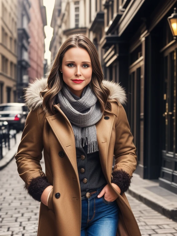 Kristen Bell、(masterpiece:1.0), (Highest_quality:1.2), (Dark Shot:1.3), Classic Rogue, 1991 Rogue X-Men, 1 girl, Only 1, Head to Toe, standing on street corner, Elegant pose, (clothing: Brown winter coat, Brown color hood, Down lining, White scarf, gloves, jeans) Medium length hair, Brown Hair, Wavy Hair, One gray hair, Green Eyes, Mischievous look, Grin, Lips parted, Red lipstick, Heavy makeup, Confident expression, Backlight, (realism: 1.5), (Realistic: 1.4), (Disorganized:1.4), 8k, Very detailed, Detailed beautiful woman, (background: Midnight, it's snowing, On the streets of New York, Snowy Night), Official Art, Very detailed CG Unity 8k wallpaper, Perfect lighting, colorful, 超High resolution, photograph, 8k, High resolution, Kodak Portrait 400, Film Grain, blurry background, (Bokeh:1.2), (Vibrant_color:1.2), Film Grain:1.2, (Warm colors, Warm Tones:1.2), (color photo), Professional Photograph