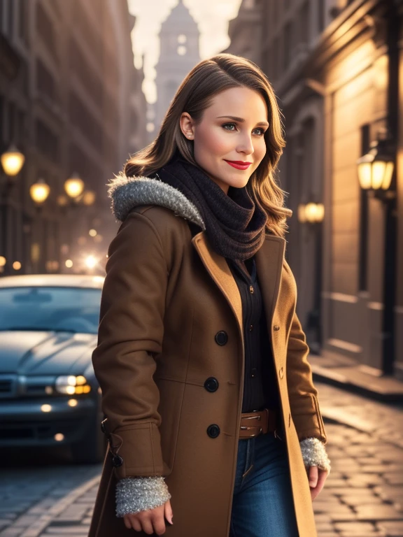 Kristen Bell、(masterpiece:1.0), (Highest_quality:1.2), (Dark Shot:1.3), Classic Rogue, 1991 Rogue X-Men, 1 girl, Only 1, Head to Toe, standing on street corner, Elegant pose, (clothing: Brown winter coat, Brown color hood, Down lining, White scarf, gloves, jeans) Medium length hair, Brown Hair, Wavy Hair, One gray hair, Green Eyes, Mischievous look, Grin, Lips parted, Red lipstick, Heavy makeup, Confident expression, Backlight, (realism: 1.5), (Realistic: 1.4), (Disorganized:1.4), 8k, Very detailed, Detailed beautiful woman, (background: Midnight, it's snowing, On the streets of New York, Snowy Night), Official Art, Very detailed CG Unity 8k wallpaper, Perfect lighting, colorful, 超High resolution, photograph, 8k, High resolution, Kodak Portrait 400, Film Grain, blurry background, (Bokeh:1.2), (Vibrant_color:1.2), Film Grain:1.2, (Warm colors, Warm Tones:1.2), (color photo), Professional Photograph