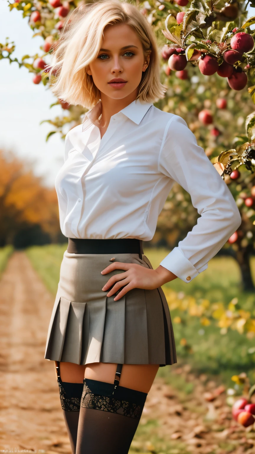 1girl, (fit), blonde hair, messy short hair with seductive expression, (wearing thigh highs, a pleated mini skirt and a tight white buttoned up shirt), open legs, thigh gap, realistic, shallow depth of field, 8k uhd, dslr, high quality, photorealistic, realism, hyperrealism, art photography, (in a warm apple orchard in autumn), warm and sunny