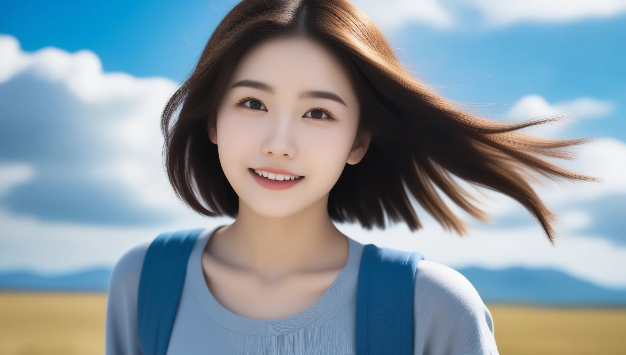 8K, Ultra-high resolution, highest quality, masterpiece, Surreal, photograph, 1 girl, (:1.3), pretty girl, Cute face, Beautiful eyes in every detail,masterpiece,(Beautiful and spectacular skyline, Majestic Sky), (非常に緊張感がありドラマチックなphotograph, Moving visual effects), (The North Star Hanging High, Colorful natural light), (One girl), (Long sleeve tops, Denim shorts, Carry a backpack), (Dynamic pose:1.3, Iris, Kurohime Cut, Shining Girl)[:0.8], (Vast grassland), (head wind), (Brown hair and background coordination effect: 1.2), (Close-up shot, Long Shot Mix and Match)[::0.9] 、Look at the audience、beauty,Long neck、Smile a little、Please close your mouth and laugh、(((Ideal body proportions))),A cup small breasts :2,、Portraiture:2、Perfect Anatomy、Vivid details、detailed、Surreal、Light and shadow,Strong light,Fashion magazine cover,Thin lips