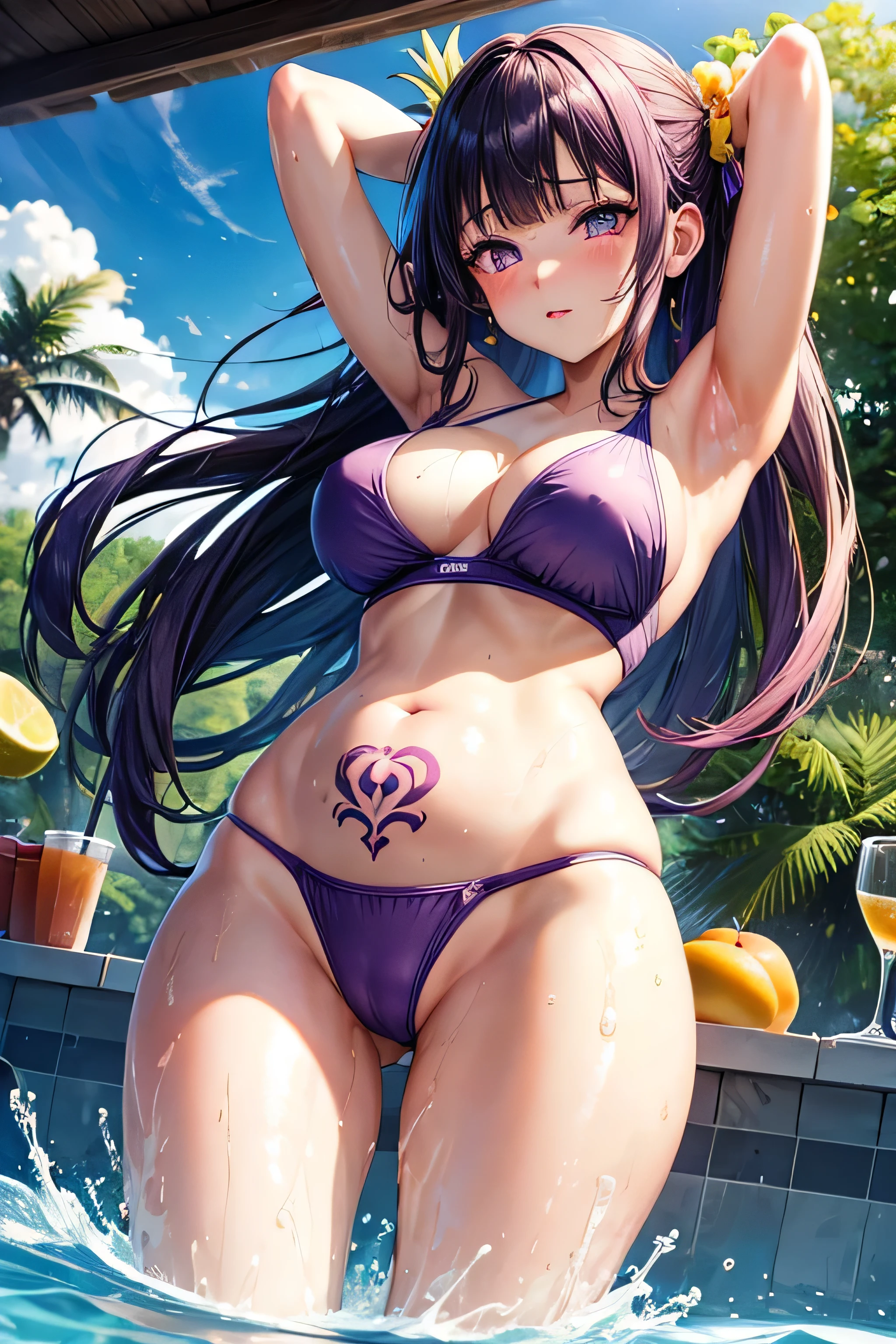 High resolution, high quality, One girl, Anime Girls, [[During pregnancy]], Light purple long hair, blunt bangs, Light purple eyes,heart shaped pupils,[[pale skin]],Glowing Skin, Large Breasts,beautiful breasts,pointy breasts,(Big Ass),beautiful ass,ahegao,sweat,wet,Tank Top,pink swimsuit,lower body,Groin tattoo,glowing tattoo,swimming,(open legs),arms behind head,at Poolside,(Kiwi juice),(lemon juice),(orange juice),(Pineapple juice),(Mango juice),(water),