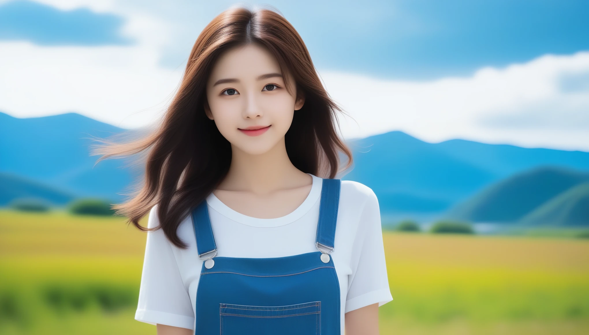 8K, Ultra-high resolution, highest quality, masterpiece, Surreal, photograph, 1 girl, (16 years old:1.3), pretty girl, Cute face, Beautiful eyes in every detail,masterpiece,(Beautiful and spectacular skyline, Majestic Sky), (非常に緊張感がありドラマチックなphotograph, Moving visual effects), (The North Star Hanging High, Colorful natural light), (One girl), (Long sleeve tops, Denim shorts, Carry a backpack), (Dynamic pose:1.3, Iris, Kurohime Cut, Shining Girl)[:0.8], (Vast grassland), (head wind), (Brown hair and background coordination effect: 1.2), (Close-up shot, Long Shot Mix and Match)[::0.9] 、Look at the audience、beauty,Long neck、Smile a little、Please close your mouth and laugh、(((Ideal body proportions))),A cup small breasts :2,、Portraiture:2、Perfect Anatomy、Vivid details、detailed、Surreal、Light and shadow,Strong light,Fashion magazine cover,Thin lips
