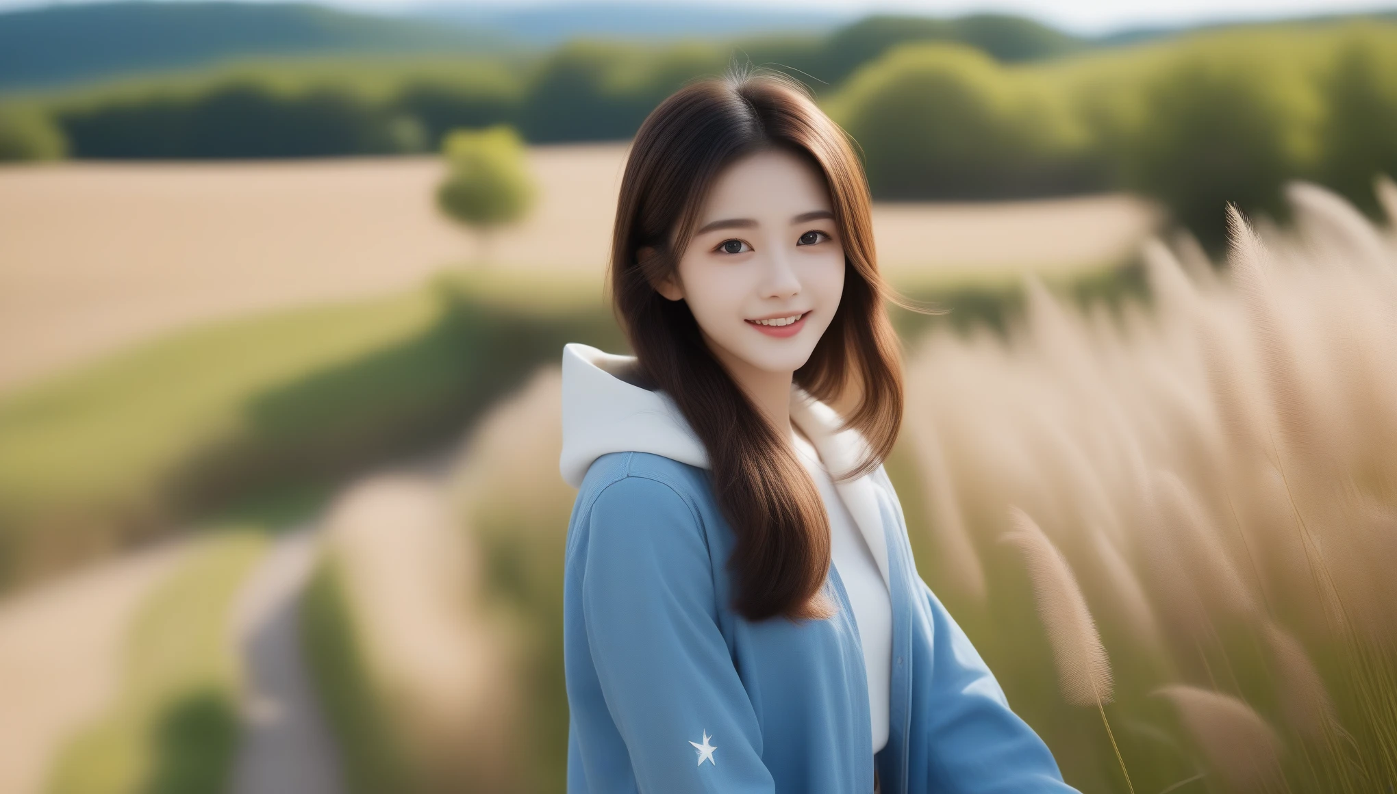 8K, Ultra-high resolution, highest quality, masterpiece, Surreal, photograph, 1 girl, (16 years old:1.3), pretty girl, Cute face, Beautiful eyes in every detail,masterpiece,(Beautiful and spectacular skyline, Majestic Sky), (非常に緊張感がありドラマチックなphotograph, Moving visual effects), (The North Star Hanging High, Colorful natural light), (One girl), (Long sleeve tops, Denim shorts, Carry a backpack), (Dynamic pose:1.3, Iris, Kurohime Cut, Shining Girl)[:0.8], (Vast grassland), (head wind), (Brown hair and background coordination effect: 1.2), (Close-up shot, Long Shot Mix and Match)[::0.9] 、Look at the audience、beauty,Long neck、Smile a little、Please close your mouth and laugh、(((Ideal body proportions))),A cup small breasts :2,、Portraiture:2、Perfect Anatomy、Vivid details、detailed、Surreal、Light and shadow,Strong light,Fashion magazine cover,Thin lips
