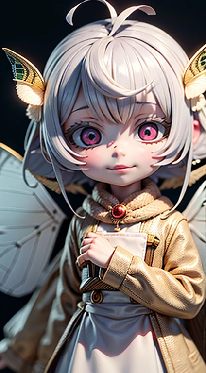 solo,1woman\(cute,kawaii,,skin color white,short white hair,(big moth wing hair:1.7),white dress\(beautiful race\),(2moth antennaes at hair:1.2),big evil smile,[moth wing on back:2.0],[moth wing on body:2.0],[moth wings:2.0],[extra arm],moth wing is only at hair\),background\(dappled sunlight,beautiful forest,dark,\), BREAK ,quality\(8k,wallpaper of extremely detailed CG unit, ​masterpiece,hight resolution,top-quality,top-quality real texture skin,hyper realisitic,increase the resolution,RAW photos,best qualtiy,highly detailed,the wallpaper,cinematic lighting,ray trace,golden ratio,\),close up face