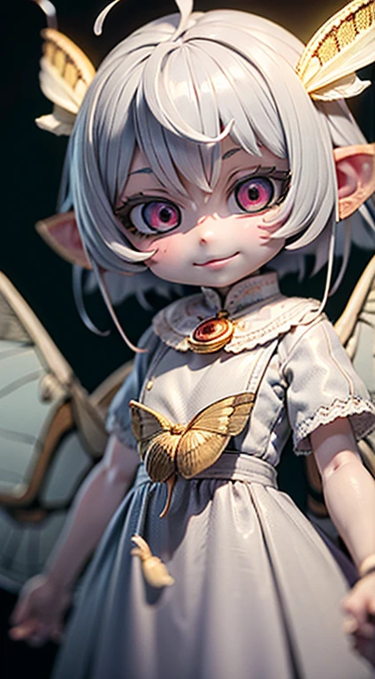 solo,1woman\(cute,kawaii,,skin color white,short white hair,(big moth wing hair:1.7),white dress\(beautiful race\),(2moth antennaes at hair:1.2),big evil smile,[moth wing on back:2.0],[moth wing on body:2.0],[moth wings:2.0],[extra arm],moth wing is only at hair\),background\(dappled sunlight,beautiful forest,dark,\), BREAK ,quality\(8k,wallpaper of extremely detailed CG unit, ​masterpiece,hight resolution,top-quality,top-quality real texture skin,hyper realisitic,increase the resolution,RAW photos,best qualtiy,highly detailed,the wallpaper,cinematic lighting,ray trace,golden ratio,\),close up face