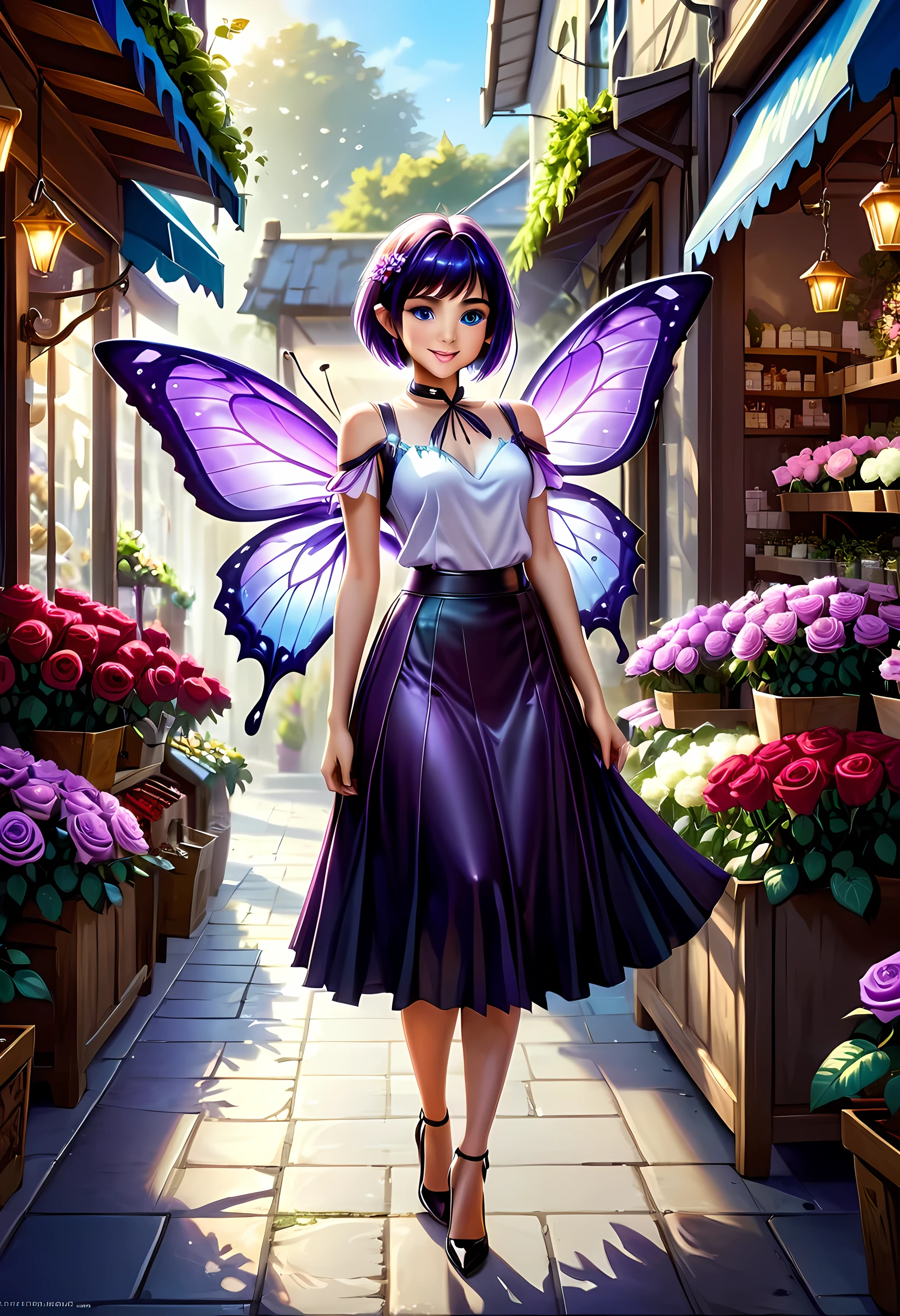 high details, best quality, 16k, RAW, [best detailed], masterpiece, best quality, (extremely detailed), GlowingRunes_paleblue, full body, ultra wide shot, photorealistic, fantasy art, RPG art, D&D art, a picture of a fairy selling flowers in a florist shop, extremely beautiful fairy, ultra feminine (intense details, Masterpiece, best quality), (purple: 1.3) butterfly wings (intense details, Masterpiece, best quality), purple and white wings (intense details, Masterpiece, best quality),  black hair, pixie cut hair, shinning hair, flowing hair, shy smile, innocent smile, blue eyes, wearing black skirt, dynamic elegant shirt, chocker, wearing high heels, in flower shop (intense details, Masterpiece, best quality), extreme many (red roses: 1.3) (intense details, Masterpiece, best quality), (red: 1.3) roses shop in a modern era street, High Detail, Ultra High Quality, High Resolution, 16K Resolution, Ultra HD Pictures, Ultra Realistic, Clear Details, Realistic Detail, Ultra High Definition, Big Fairy Wings, wearing edgLL leather lingerie, ArmoredDress