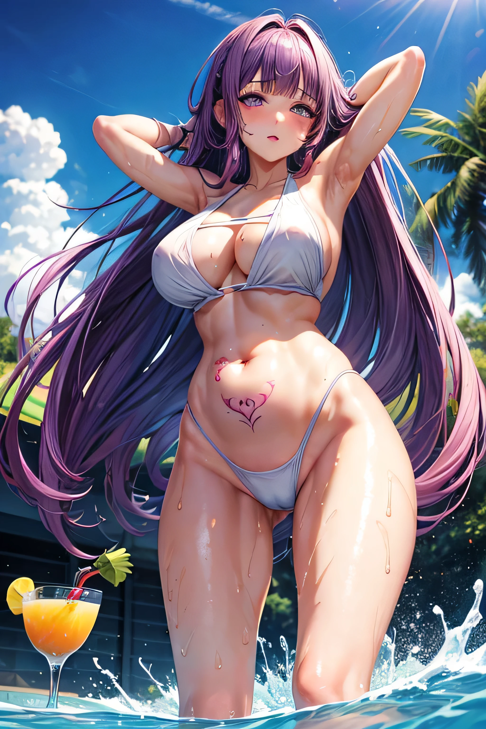 High resolution, high quality, One girl, Anime Girls, [[During pregnancy]], Light purple long hair, blunt bangs, Light purple eyes,heart shaped pupils,[[pale skin]],Glowing Skin, Large Breasts,beautiful breasts,pointy breasts,(Big Ass),beautiful ass,ahegao,sweat,wet,Tank Top,pink swimsuit,lower body,Groin tattoo,glowing tattoo,swimming,(open legs),arms behind head,at Poolside,(Kiwi juice),(lemon juice),(orange juice),(Pineapple juice),(Mango juice),(water),