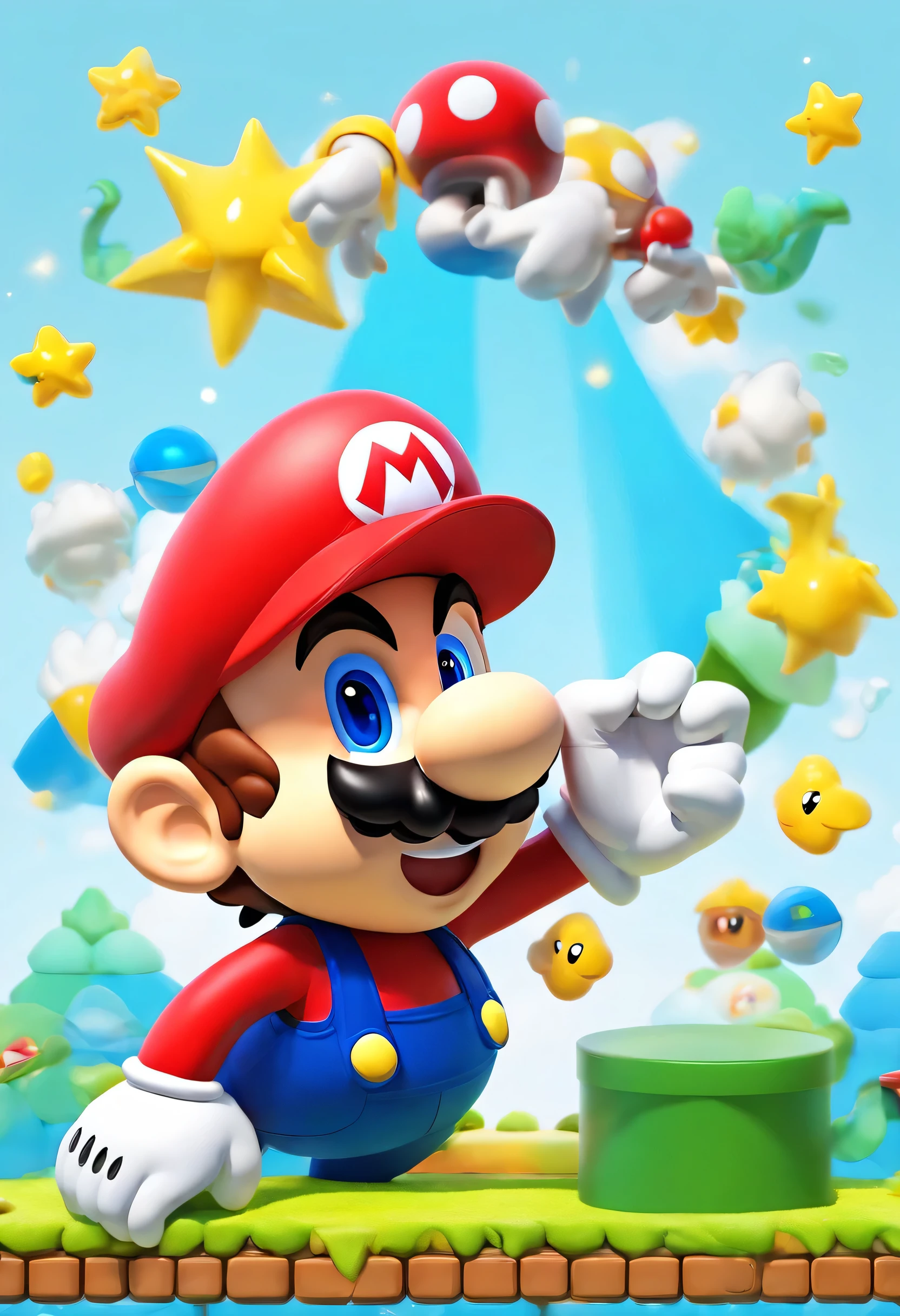 (Mario), design de personagens, Nintendo Super Mario, (olhos azuis, red hat, terno vermelho, blue suspenders, luvas brancas, )super bonito estilo caixa cega, Chibi, corpo inteiro, exaggerated expressions and actions, fundo limpo, Destaques iridescentes brilhantes, studio lighting, Atmospheric Illumination, com textura requintada, High detail, high resolution, c4d, ..3d, Liquidificador, 8k, best quality, Ultra High Definition