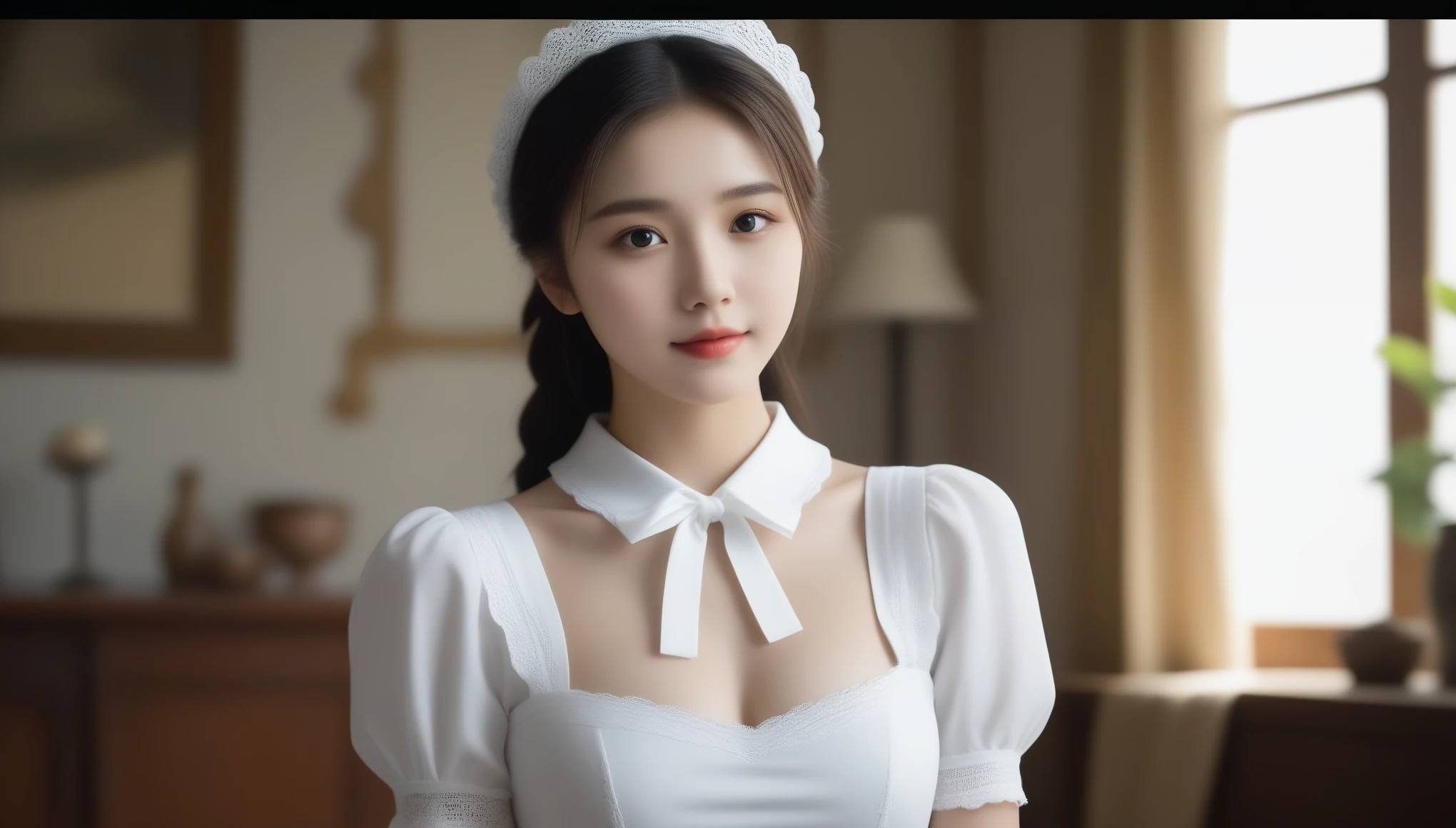 8K, Ultra-high resolution, highest quality, masterpiece, Surreal, photograph, 1 girl, (16 years old:1.3), pretty girl, Cute face, Beautiful eyes in every detail,masterpiece,A little maid costume,Wearing a white headband,The presence of white hairs on the head。
She stood in a sophisticated room,There is a nice table in the room..、Tea cups and cakes were placed。
Soft sunlight shines through the curtains,Illuminated the room。, ((Spread your thighs))、Sexy pose、See through 、Look at the audience、beauty,Long neck、Smile a little、Please close your mouth and laugh、(((Ideal body proportions))),A cup small breasts :2,、Portraiture:2、Perfect Anatomy、Vivid details、detailed、Surreal、Light and shadow,Strong light,Fashion magazine cover,Thin lips