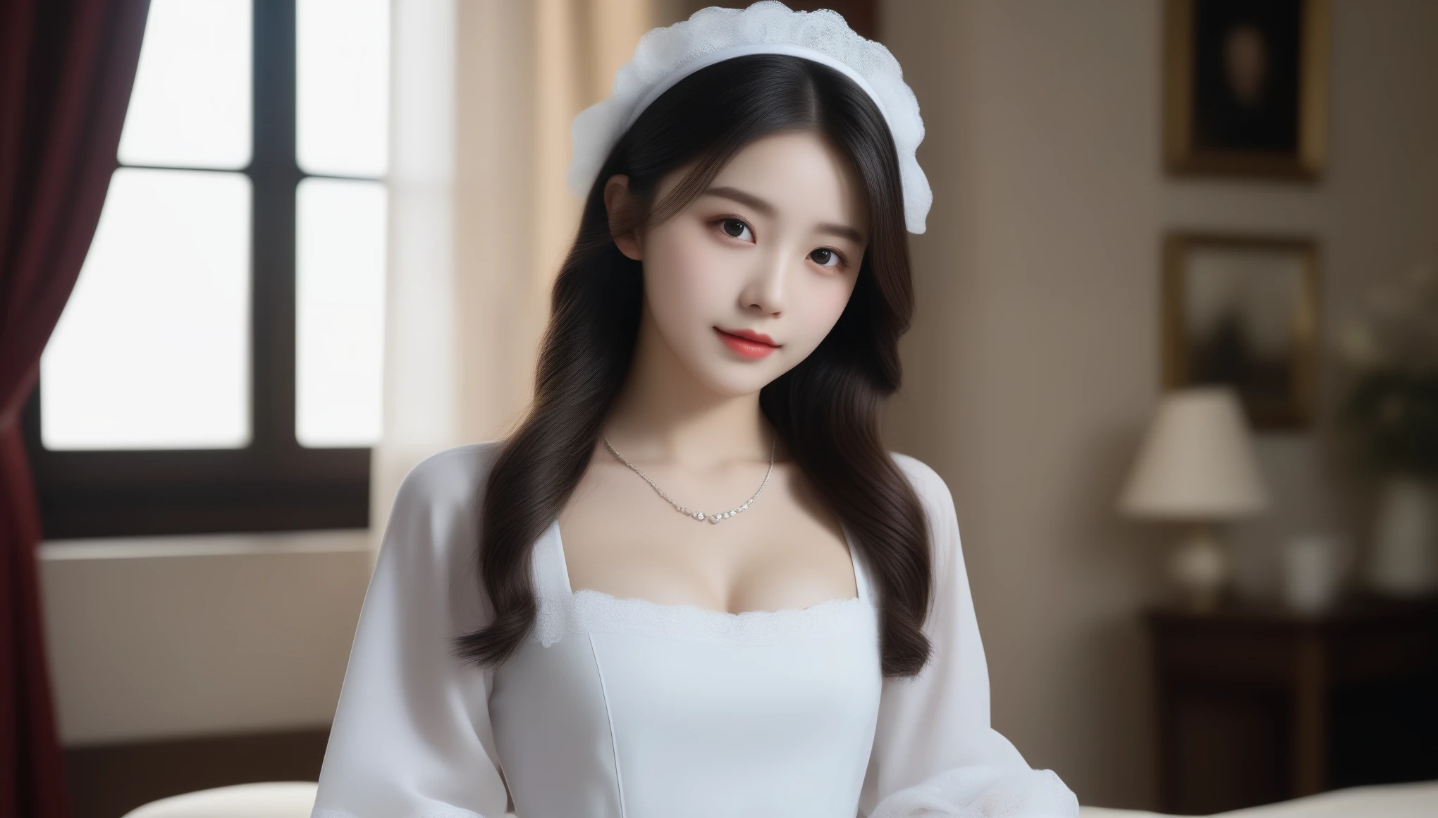 8K, Ultra-high resolution, highest quality, masterpiece, Surreal, photograph, 1 girl, (16 years old:1.3), pretty girl, Cute face, Beautiful eyes in every detail,masterpiece,A little maid costume，Wearing a white headband，The presence of white hairs on the head。
She stood in a sophisticated room，There is a nice table in the room..、Tea cups and cakes were placed。
Soft sunlight shines through the curtains，Illuminated the room。, ((Spread your thighs))、Sexy pose、See through 、Look at the audience、beauty,Long neck、Smile a little、Please close your mouth and laugh、(((Ideal body proportions))),A cup small breasts :2,、Portraiture:2、Perfect ???????、Vivid details、detailed、Surreal、Light and shadow,Strong light,Fashion magazine cover,Thin lips