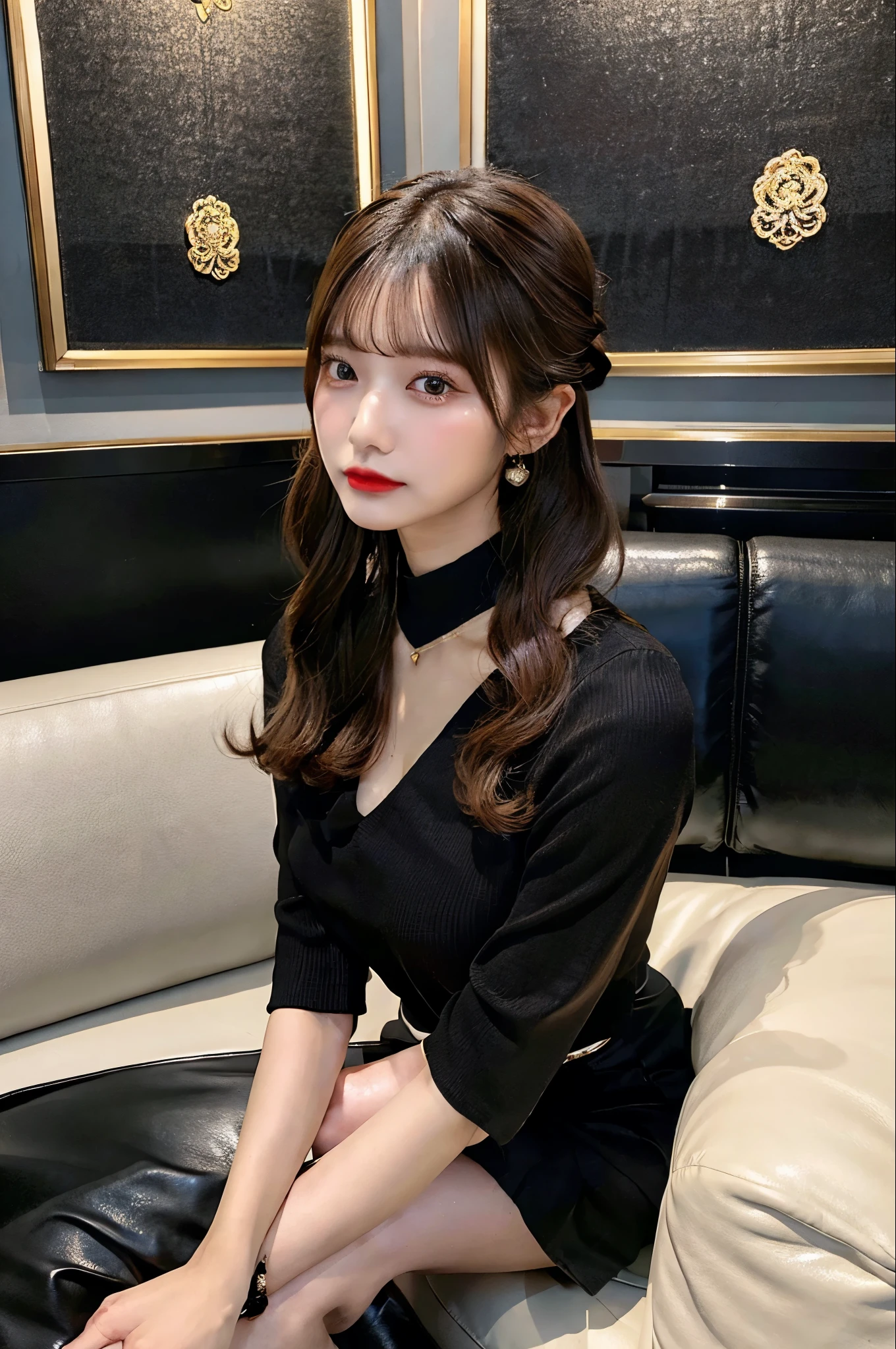 Luxurious space、Woman sitting on a big sofa、Woman crossing legs、Brown Hair、Updo、Black Shirt、Floral clotheini skirt、Cleavage(Very large breasts、Very thin and long legs、Perfect figure、High heels、whole body、gloss々Lips、Open Mouth、Fuller lips、Rose Lipstick)、1 female、Double eyelids、No makeup、21 years old、(masterpiece、8K,RAW Photos、High resolution:1.4)、sake、Glass set、