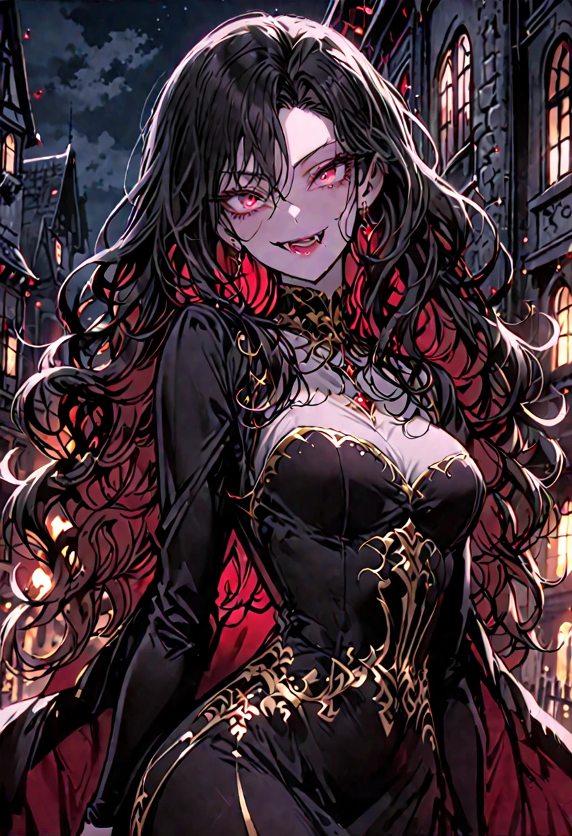 solo, female, deep crimson eyes, eyes with flecks of gold, wavy hair, thick hair, long flowing black hair, vampire, slender, curvy, elegant, refined grace, medium shot, pose, hungry smile, night, town, dress, fangs