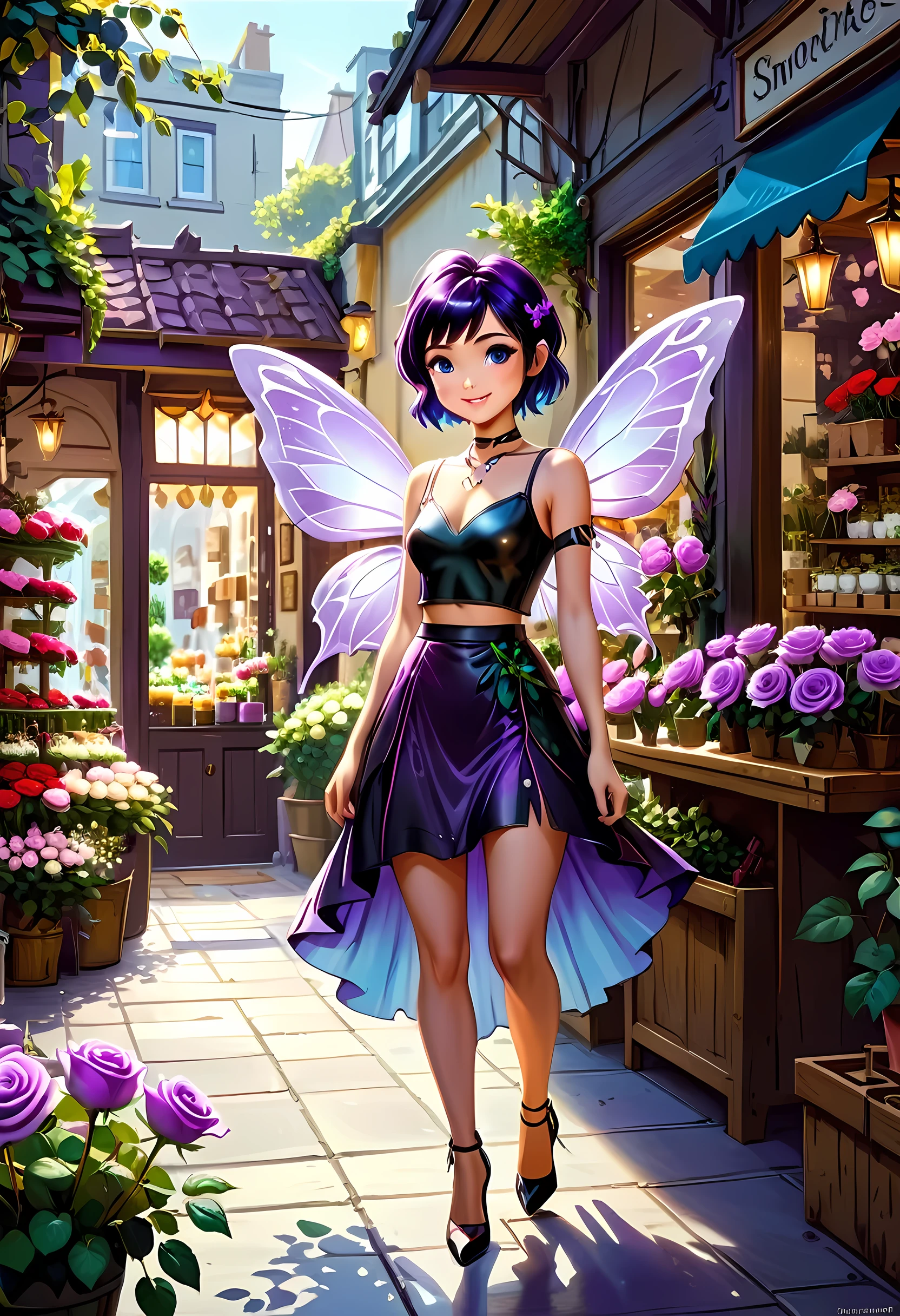 high details, best quality, 16k, RAW, [best detailed], masterpiece, best quality, (extremely detailed), GlowingRunes_paleblue, full body, ultra wide shot, photorealistic, fantasy art, RPG art, D&D art, a picture of a fairy selling flowers in a florist shop, extremely beautiful fairy, ultra feminine (intense details, Masterpiece, best quality), (purple: 1.3) butterfly wings (intense details, Masterpiece, best quality), purple and white wings (intense details, Masterpiece, best quality),  black hair, pixie cut hair, shinning hair, flowing hair, shy smile, innocent smile, blue eyes, wearing black skirt, dynamic elegant shirt, chocker, wearing high heels, in flower shop (intense details, Masterpiece, best quality), extreme many (red roses: 1.3) (intense details, Masterpiece, best quality), (red: 1.3) roses shop in a modern era street, High Detail, Ultra High Quality, High Resolution, 16K Resolution, Ultra HD Pictures, Ultra Realistic, Clear Details, Realistic Detail, Ultra High Definition, Big Fairy Wings, wearing edgLL leather lingerie, ArmoredDress