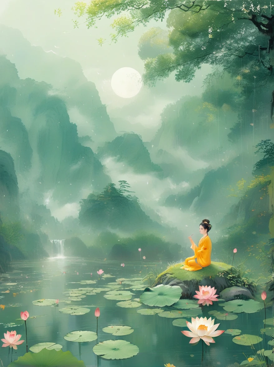 Sensible, Girl in lotus pose, Suspended on a mossy stone，Surrounded by a floating lotus, In an old forest with dense leaves, The cyan robe has golden cloud patterns on it., Ancient calligraphic symbols swirl around him, A circle of golden light descended from the sky, Sacred and peaceful atmosphere, Forest creatures and peaceful observation, The scent of sandalwood, The sound of a mountain stream, Mysterious scene.(best quality, 8k,high resolution,masterpiece:1.2),Super detailed,Intricate details,The award-winning,Movie Lighting,dramatic shadows,Rich in details,Volumetric Lighting,脸部Rich in details,Elegant composition,atmosphere,paisagem de fantasia,Studio Ghibli style