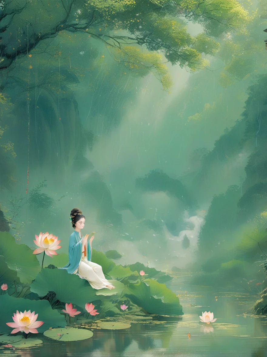 Sensible, Girl in lotus pose, Suspended on a mossy stone，Surrounded by a floating lotus, In an old forest with dense leaves, The cyan robe has golden cloud patterns on it., Ancient calligraphic symbols swirl around him, A circle of golden light descended from the sky, Sacred and peaceful atmosphere, Forest creatures and peaceful observation, The scent of sandalwood, The sound of a mountain stream, Mysterious scene.(best quality, 8k,high resolution,masterpiece:1.2),Super detailed,Intricate details,The award-winning,Movie Lighting,dramatic shadows,Rich in details,Volumetric Lighting,脸部Rich in details,Elegant composition,atmosphere,paisagem de fantasia,Studio Ghibli style