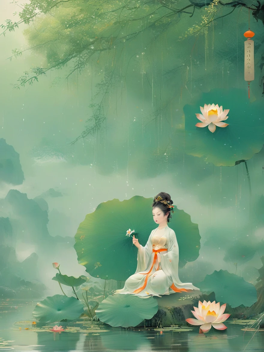 Sensible, Girl in lotus pose, Suspended on a mossy stone，Surrounded by a floating lotus, In an old forest with dense leaves, The cyan robe has golden cloud patterns on it., Ancient calligraphic symbols swirl around him, A circle of golden light descended from the sky, Sacred and peaceful atmosphere, Forest creatures and peaceful observation, The scent of sandalwood, The sound of a mountain stream, Mysterious scene.(best quality, 8k,high resolution,masterpiece:1.2),Super detailed,Intricate details,The award-winning,Movie Lighting,dramatic shadows,Rich in details,Volumetric Lighting,脸部Rich in details,Elegant composition,atmosphere,paisagem de fantasia,Studio Ghibli style