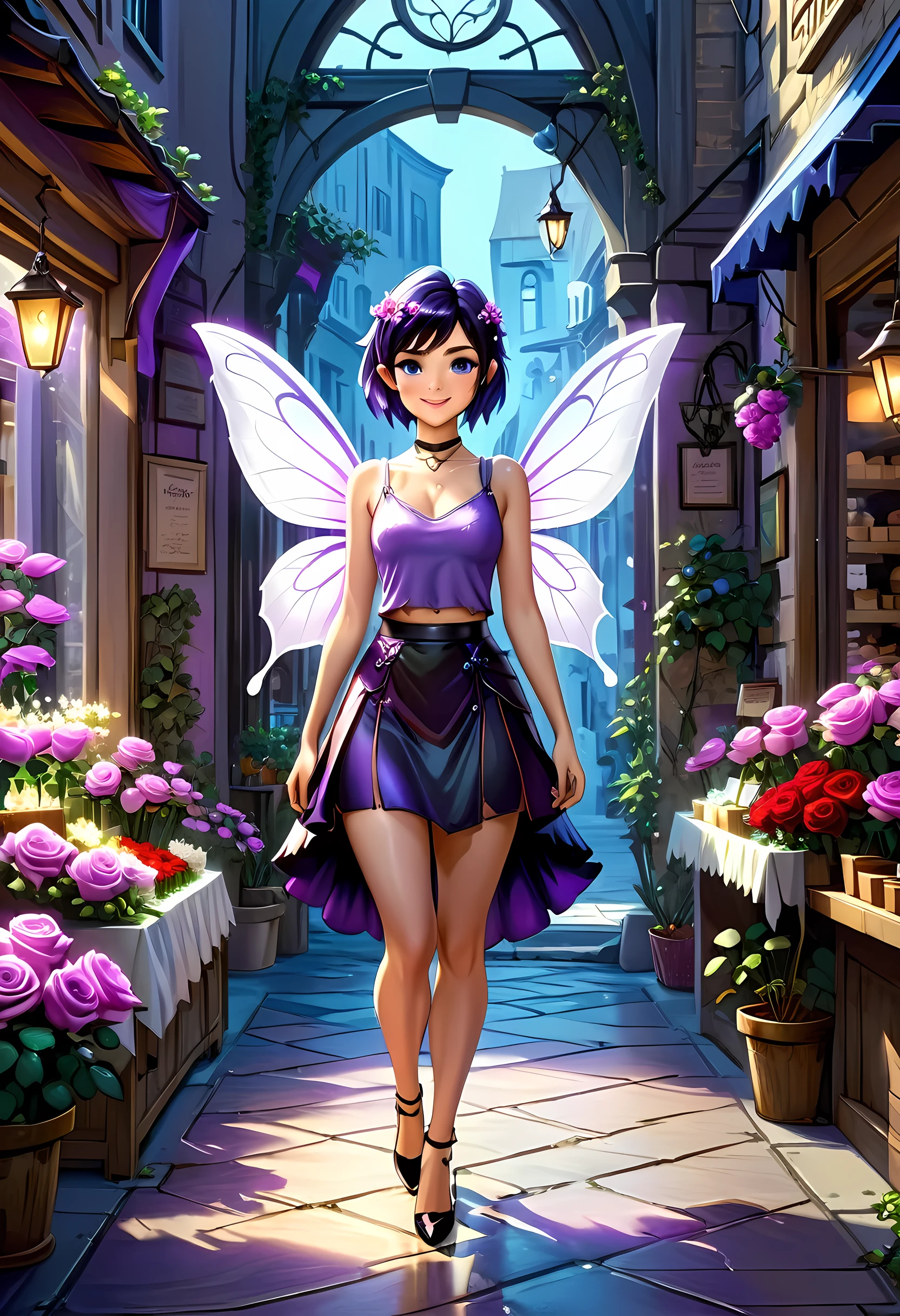 high details, best quality, 16k, RAW, [best detailed], masterpiece, best quality, (extremely detailed), GlowingRunes_paleblue, full body, ultra wide shot, photorealistic, fantasy art, RPG art, D&D art, a picture of a fairy selling flowers in a florist shop, extremely beautiful fairy, ultra feminine (intense details, Masterpiece, best quality), (purple: 1.3) butterfly wings (intense details, Masterpiece, best quality), purple and white wings (intense details, Masterpiece, best quality),  black hair, pixie cut hair, shinning hair, flowing hair, shy smile, innocent smile, blue eyes, wearing black skirt, dynamic elegant shirt, chocker, wearing high heels, in flower shop (intense details, Masterpiece, best quality), extreme many (red roses: 1.3) (intense details, Masterpiece, best quality), (red: 1.3) roses shop in a modern era street, High Detail, Ultra High Quality, High Resolution, 16K Resolution, Ultra HD Pictures, Ultra Realistic, Clear Details, Realistic Detail, Ultra High Definition, Big Fairy Wings, wearing edgLL leather lingerie, ArmoredDress