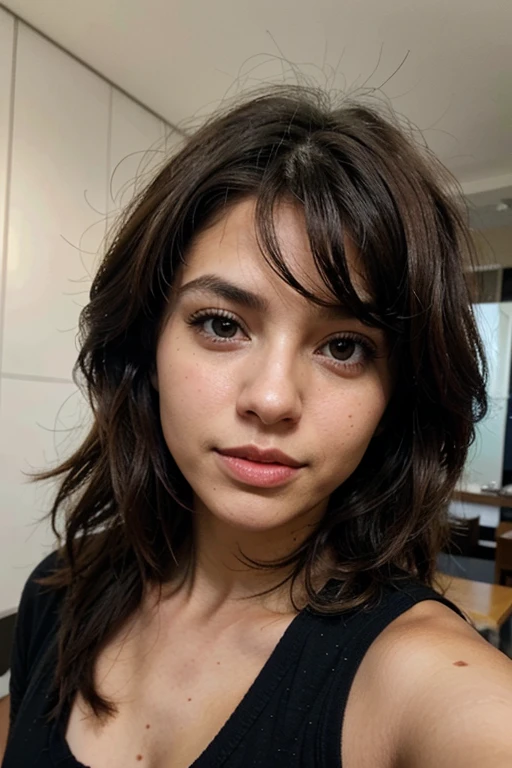 1 chica pelo color negro, light brown skin ,cabello estilo wolf cut, age 20 years