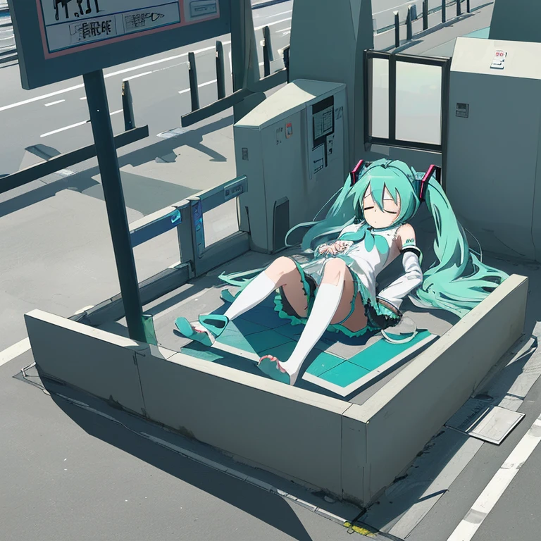 Hatsune Miku sleeping at the automatic ticket gate