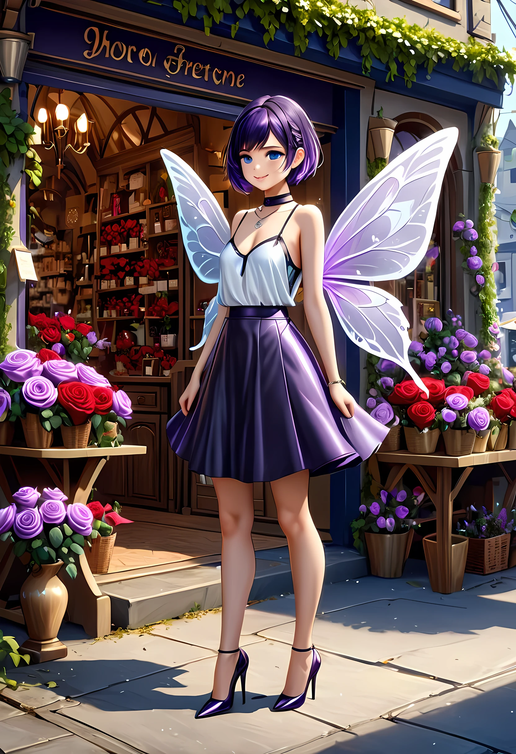 high details, best quality, 16k, RAW, [best detailed], masterpiece, best quality, (extremely detailed), GlowingRunes_paleblue, full body, ultra wide shot, photorealistic, fantasy art, RPG art, D&D art, a picture of a fairy selling flowers in a florist shop, extremely beautiful fairy, ultra feminine (intense details, Masterpiece, best quality), (purple: 1.3) butterfly wings (intense details, Masterpiece, best quality), purple and white wings (intense details, Masterpiece, best quality),  black hair, pixie cut hair, shinning hair, flowing hair, shy smile, innocent smile, blue eyes, wearing black skirt, dynamic elegant shirt, chocker, wearing high heels, in flower shop (intense details, Masterpiece, best quality), extreme many (red roses: 1.3) (intense details, Masterpiece, best quality), (red: 1.3) roses shop in a modern era street, High Detail, Ultra High Quality, High Resolution, 16K Resolution, Ultra HD Pictures, Ultra Realistic, Clear Details, Realistic Detail, Ultra High Definition, Big Fairy Wings, wearing edgLL leather lingerie, ArmoredDress