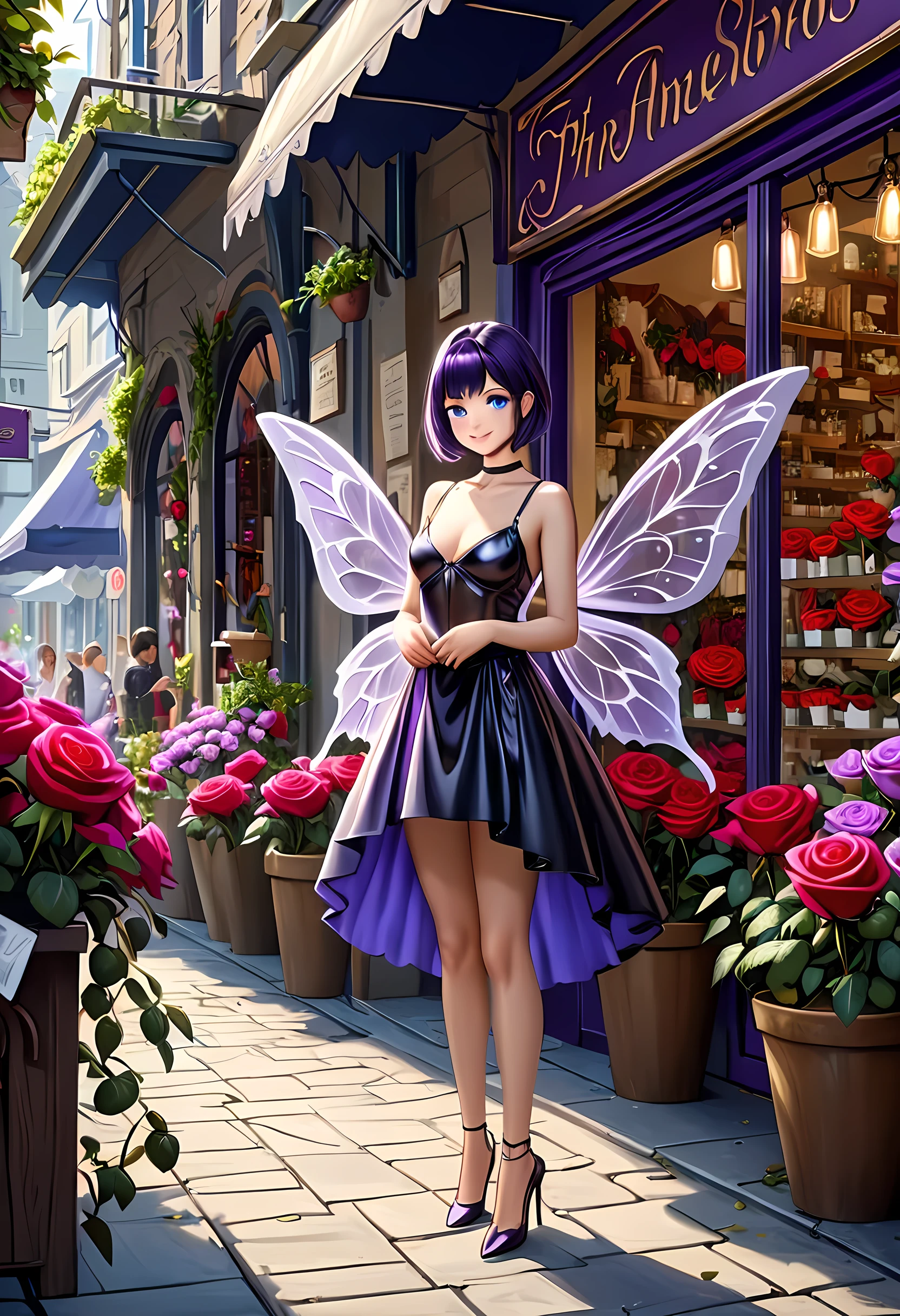 high details, best quality, 16k, RAW, [best detailed], masterpiece, best quality, (extremely detailed), GlowingRunes_paleblue, full body, ultra wide shot, photorealistic, fantasy art, RPG art, D&D art, a picture of a fairy selling flowers in a florist shop, extremely beautiful fairy, ultra feminine (intense details, Masterpiece, best quality), (purple: 1.3) butterfly wings (intense details, Masterpiece, best quality), purple and white wings (intense details, Masterpiece, best quality),  black hair, pixie cut hair, shinning hair, flowing hair, shy smile, innocent smile, blue eyes, wearing black skirt, dynamic elegant shirt, chocker, wearing high heels, in flower shop (intense details, Masterpiece, best quality), extreme many (red roses: 1.3) (intense details, Masterpiece, best quality), (red: 1.3) roses shop in a modern era street, High Detail, Ultra High Quality, High Resolution, 16K Resolution, Ultra HD Pictures, Ultra Realistic, Clear Details, Realistic Detail, Ultra High Definition, Big Fairy Wings, wearing edgLL leather lingerie, ArmoredDress