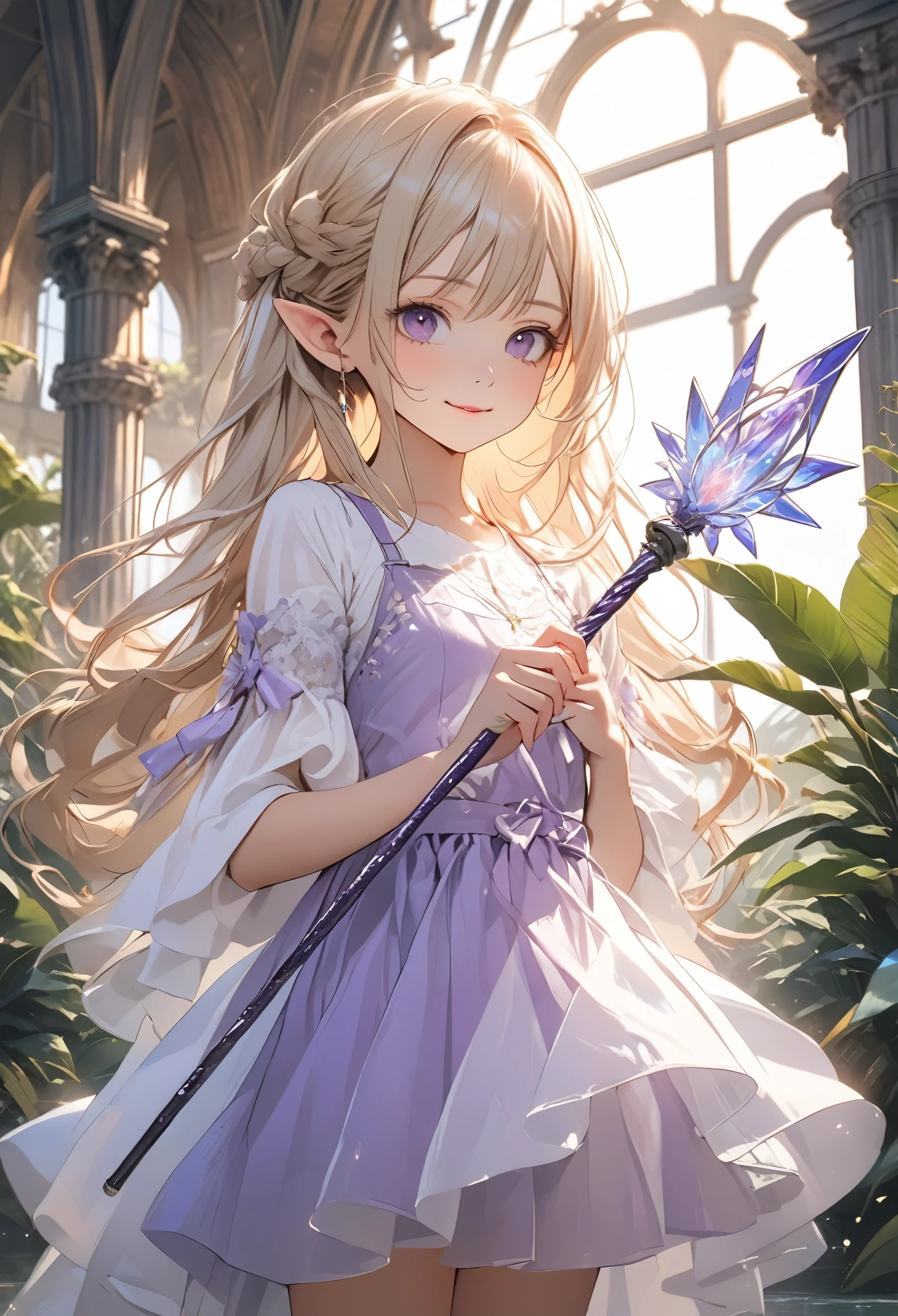 ((12 years old)), (1girl), cute young girl, BREAK, (smug face:1.3), (Beautiful purple eyes:1.5), (dark skin), elf girl, (small breast), slender waist, (loose blunt bangs), Shiny unruly hair, long hair, ((beautiful blond hair)), wear a long robe and thin tanktop, shortpants, ((Masterpiece)), ((best quality)), (super detail), (intricate details), (High Definition:1.3), (Professional Photography:1.2), ((absurdres)), ((very aesthetic)), BREAK, 🌈, (Holding a sorcerer's big wand), place hand on hip, (palace giant greenhouse), gardens, fountains, tropical plants, ((best quality)), ((very aesthetic)),