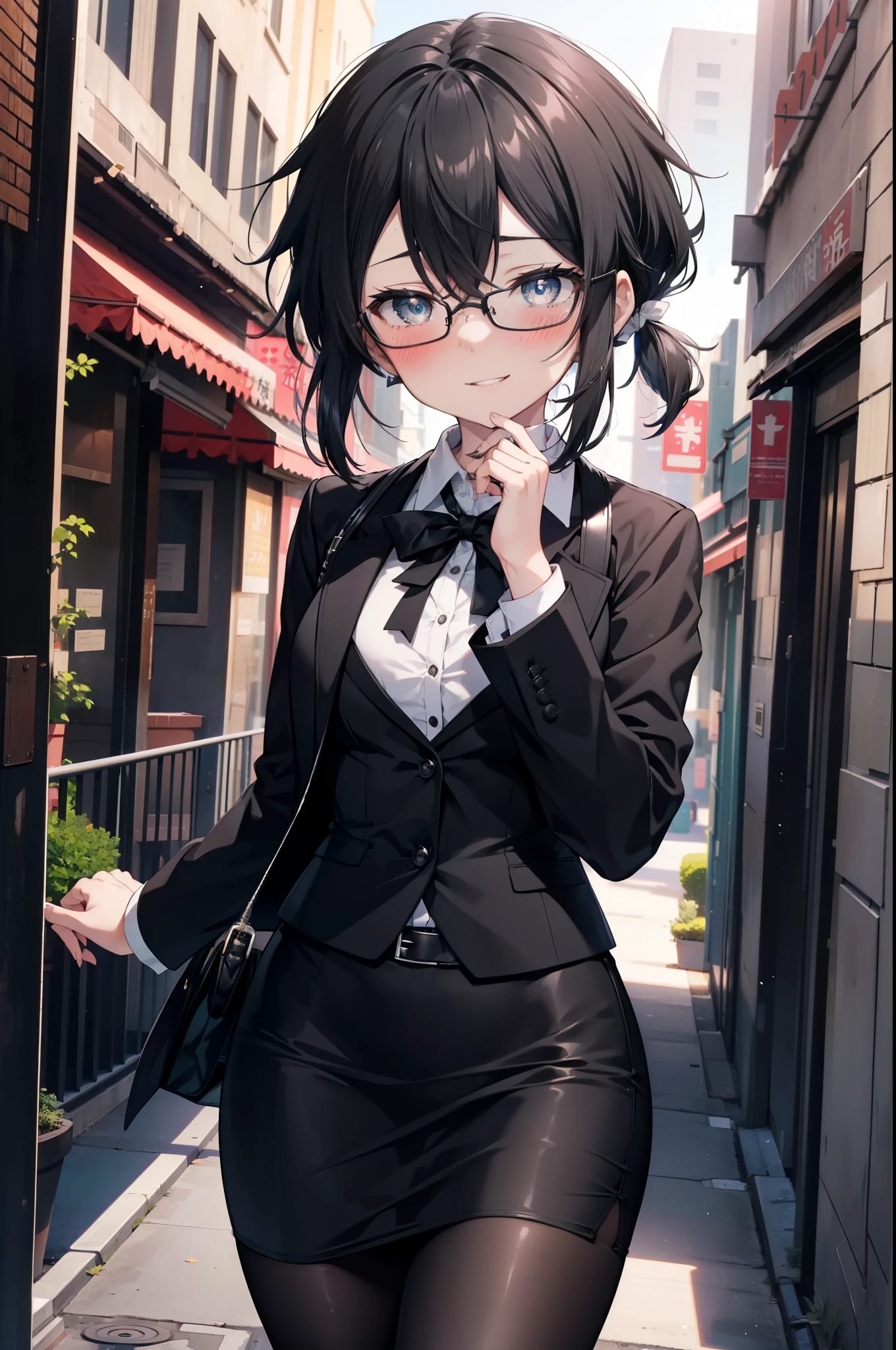 Shino Asada, Shino Asada, (black eye:1.5), Black Hair, Hair between the eyes, Hair Ribbon, short hair, Side Lock, Black-rimmed glasses, Medium-sized bust office lady, Black suit jacket, Collared jacket, White dress shirt, Collared shirt, Neckline, button, Black pencil skirt, Black pantyhose, Stiletto heels,happy smile, smile, Open your mouth, smile,blush,charm, whole bodyがイラストに入るように,morning,morning陽,The sun is rising,Walking,
break looking at viewer,whole body,crowd, people々々,
break outdoors, In town,Building district,
break (masterpiece:1.2), highest quality, High resolution, unity 8k wallpaper, (shape:0.8), (Fine and beautiful eyes:1.6), Highly detailed face, Perfect lighting, Highly detailed CG, (Perfect hands, Perfect Anatomy),