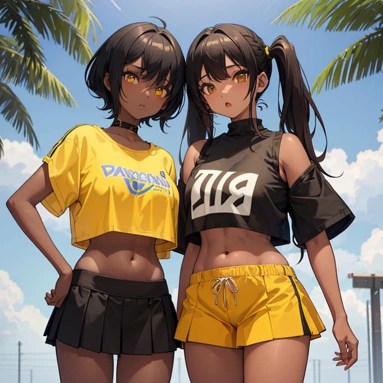 2girls, left girl (dark skin, short black hair, yellow sportsbra, blue miniskirt, midriff, navel, plump), right girl (tan skin, red hair, twintails, yellow croptop, croptop overhang, midriff, navel, short green shorts, chubby), low angle, track field, facing viewer