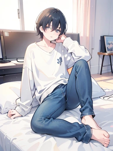 masterpiece, highest quality,Wearing a sweater and jeans、Anime Boys,,no background,  flat chest,Full body illustration, Shortcuts, Full body portrait, anime ,Casual clothing,Lying on the ground