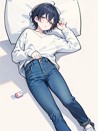 masterpiece, highest quality,Wearing a sweater and jeans、Anime Boys,,no background, flat chest,Full body illustration, Shortcuts, Full body portrait, anime ,Casual clothing,Lying on the ground
