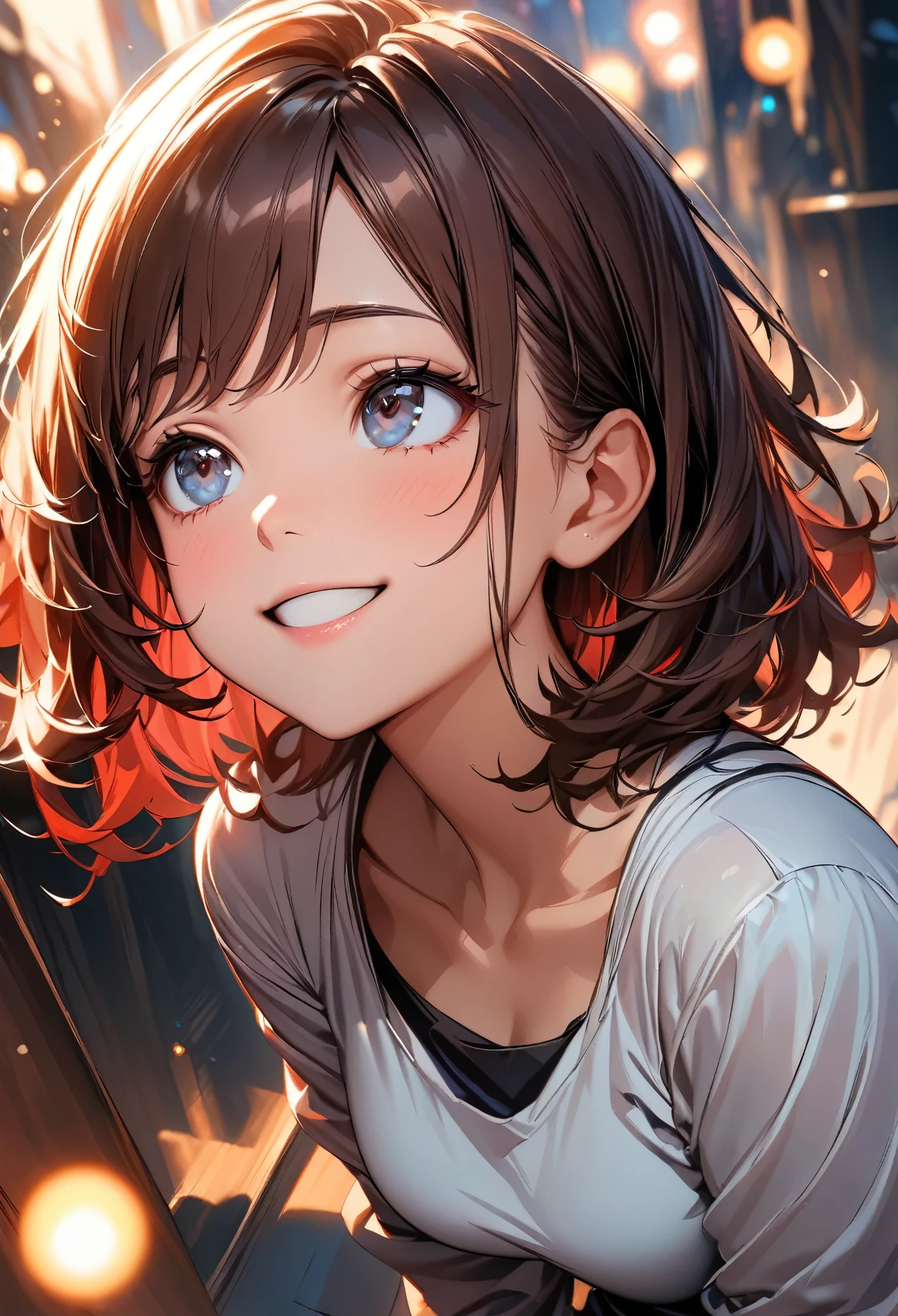 (highest quality:1.2, Very detailed, up to date, Vibrant, masterpiece:1.2, highest quality, Best aesthetics), (((1 girl))),Sweet smile, Moist eyes, Red cheeks, Leaking sigh, Portrait of a beautiful girl, Looking up, Composition from above, Gentle lighting, Shallow depth of field, Bokeh:1.2, Soft brush strokes, Oil painting style,
