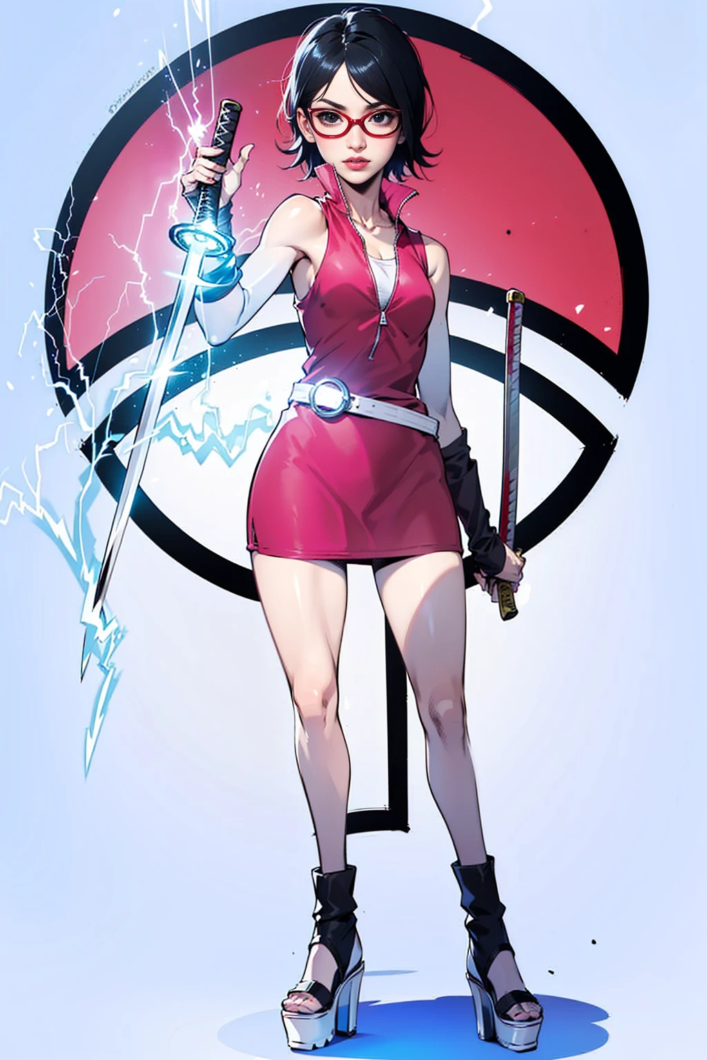 (1girl, Alone, alone), (WakatsukiRisa, sarada uchiha, black hair, short hair, Black eyes, red glasses), ((Alone, (1woman,pink lipstick, Black eyes), extremely detailed , Soft ambient lighting, 4K, perfect eyes, a perfect face, Perfect Lighting, the 1 girl)), ((fitness, , shapely body, athletic body, toned body)) , ((red dress, white belt, black high heels, white high heels, holding a katana, lightning, turtleneck, lightning, sparks))