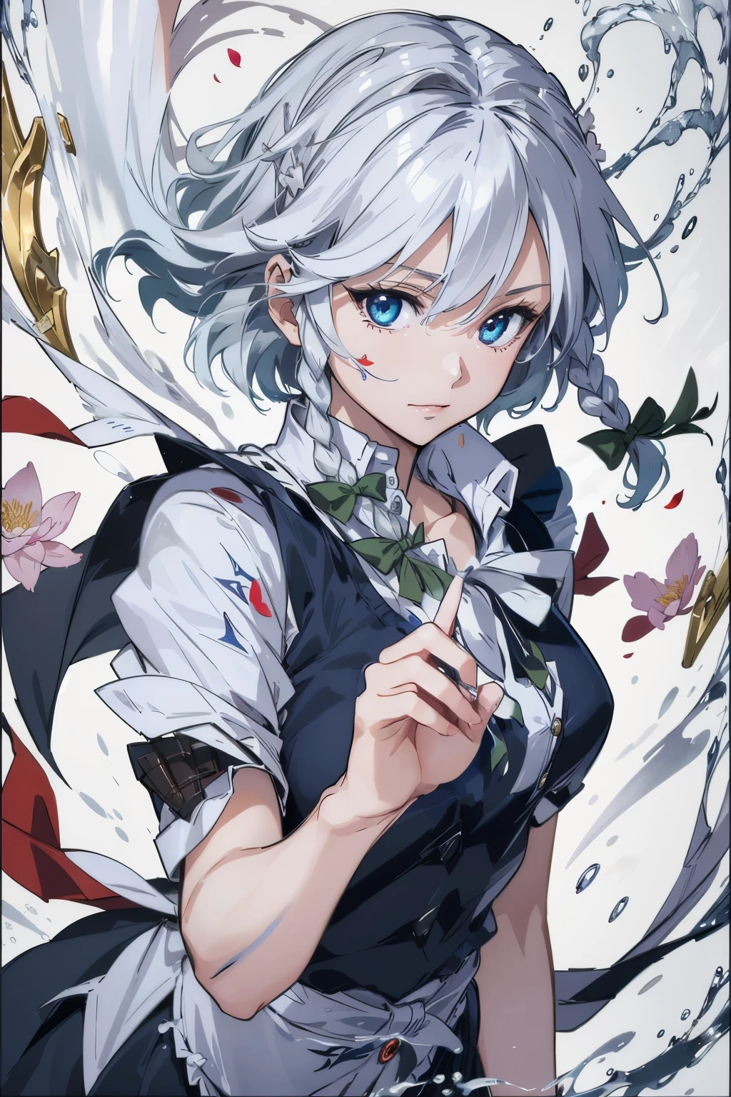 masterpiece, best quality, illustration, 1girl, solo, Izayoi Sakuya, (white short hair), maid headband, sharp eyes, (vivid color), light, thick smoke:1.6, (floating white ink:1.8), Cyan flame, (beautiful and clear background:1.25), (depth of field:0.7), Dreamlike, (highres:1.2), (ultra-detailed:1.2), (extremely detailed CG unity 8k wallpaper:1.2), (traditional media), (sketch:1.1), finely detailed beautiful eyes and detailed face, Knives, (flying petals:1.2), lotus, Knifefight, dynamic colors, colorful, dynamic pose, dynamic angle, Touhou, knife, holding Knives, izayoi sakuya, medium breasts, (detailed eyes), cute, beauty, HDR, 4K, nier anime style, harmony, fighting stance, izayoi sakuya